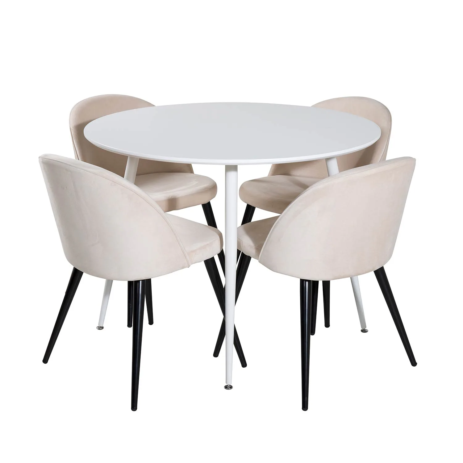 Plaza Round Table - White top /Velvet Chair - Beige /Black_4 Vit/Beige/Svart