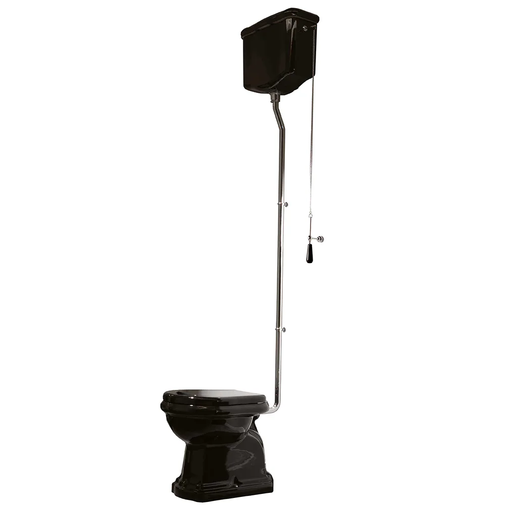 Retro HIGH toilet S-lås, Blank sort m/krom rør Svart, Kromrör