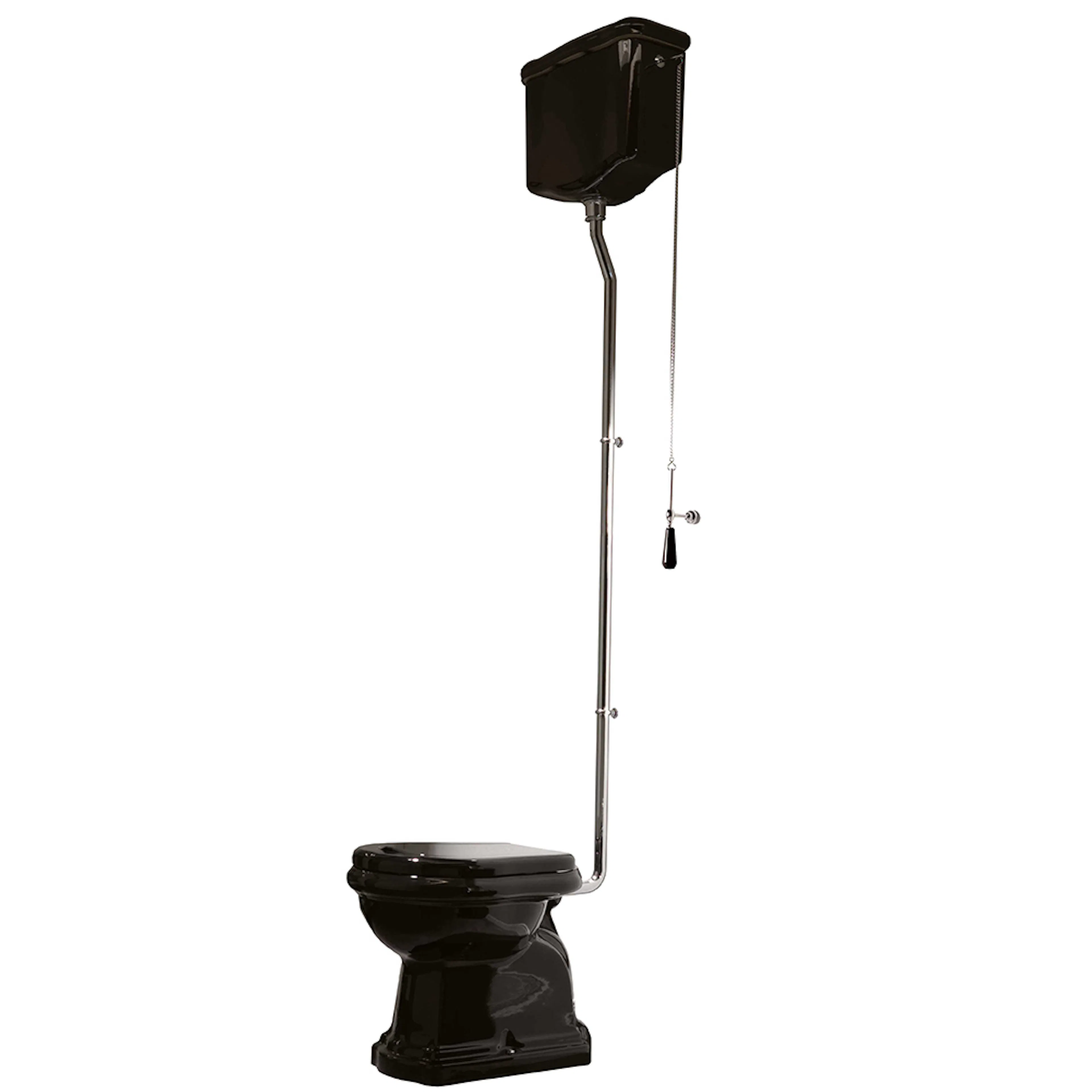Retro HIGH toilet S-lås, Blank sort m/krom rør Svart, Kromrör