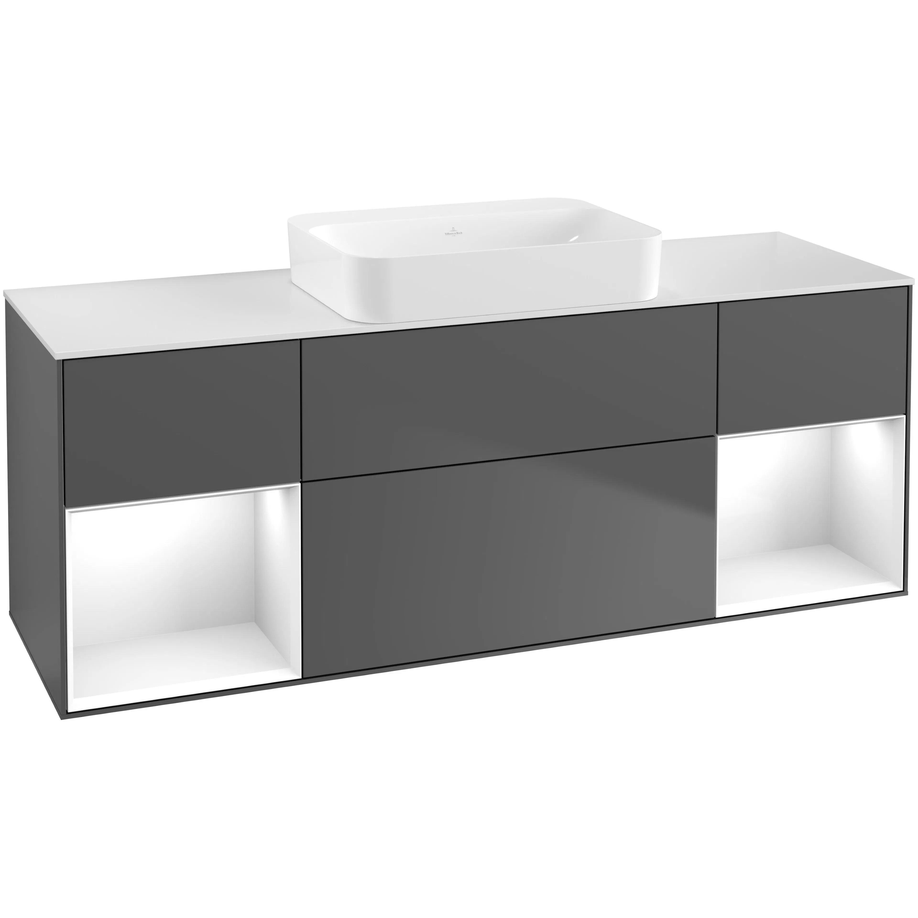 Tvättställsskåp Villeroy & Boch Finion G741GFGK Antracitgrå Mattlack/Vit Högblank med bänkskiva i Mattvitt glas med Väggbelysning utan Blandarhål