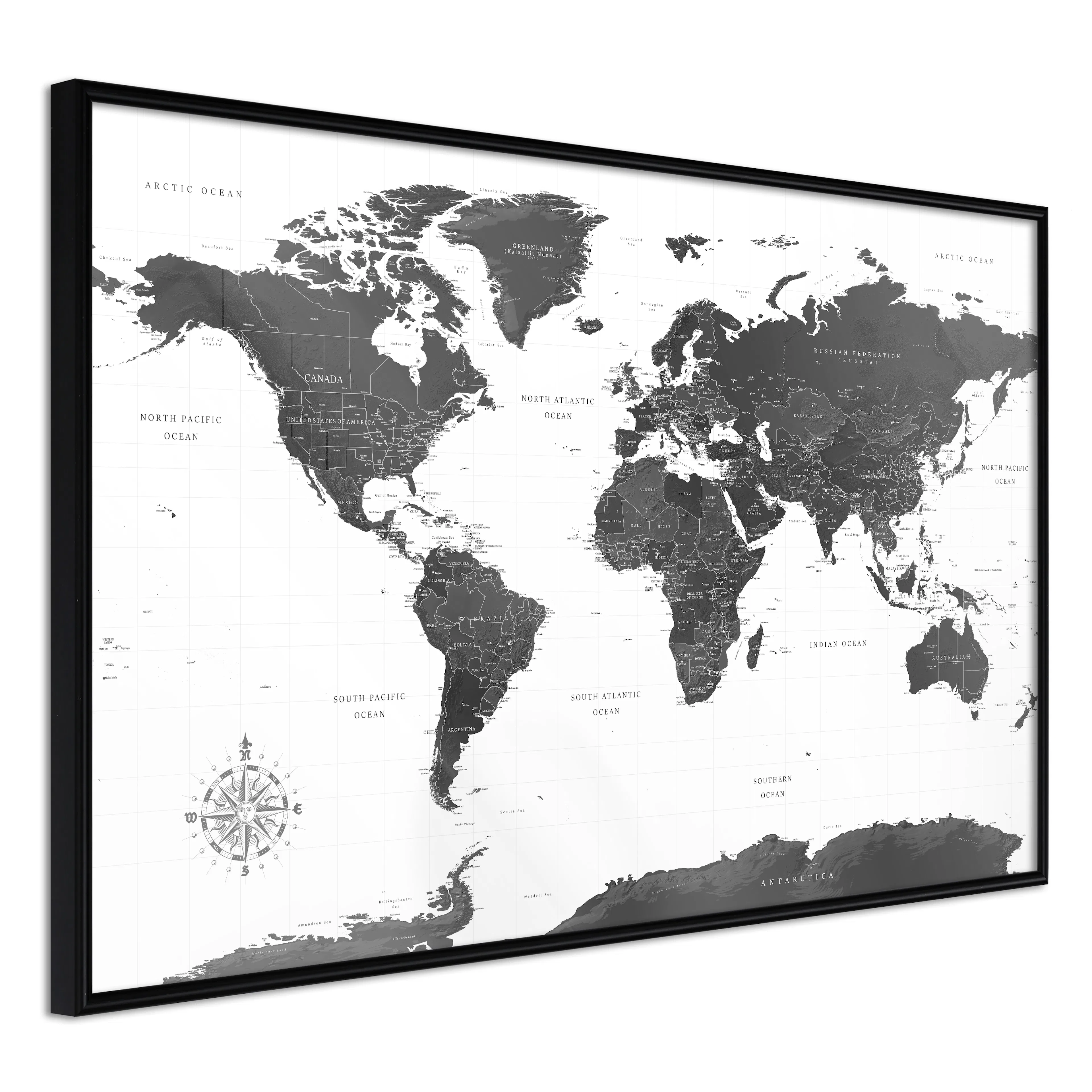Affisch - Monochrome Map [Poster] 60x40 Svart ram, 60x40 cm