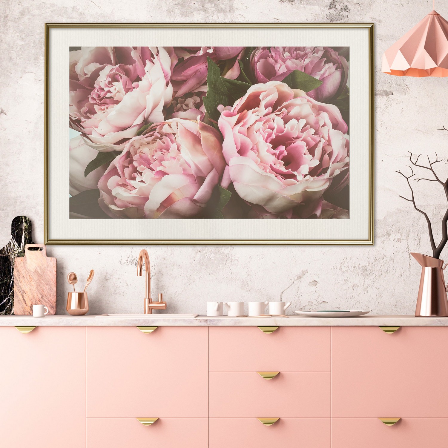Affisch - Pink Peonies [Poster] 45x30 Guld ram med passepartout, 45x30 cm