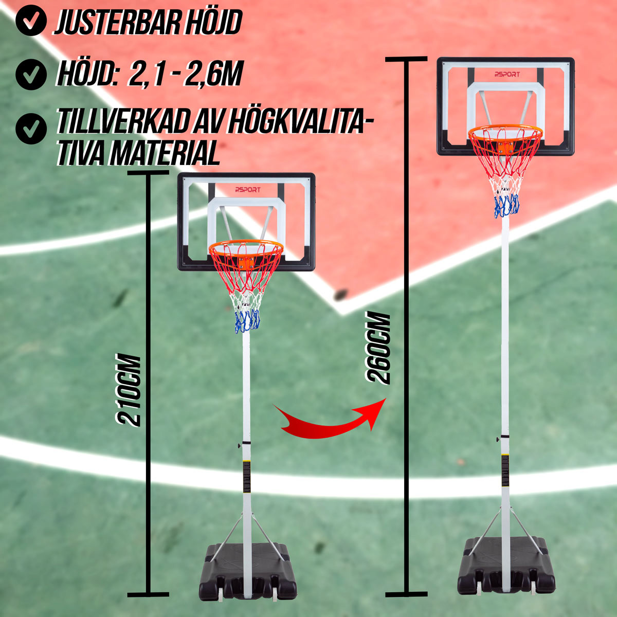 Basketställning ProSport Ungdom Justerbar Basketkorg med Hjul 2,1-2,6m