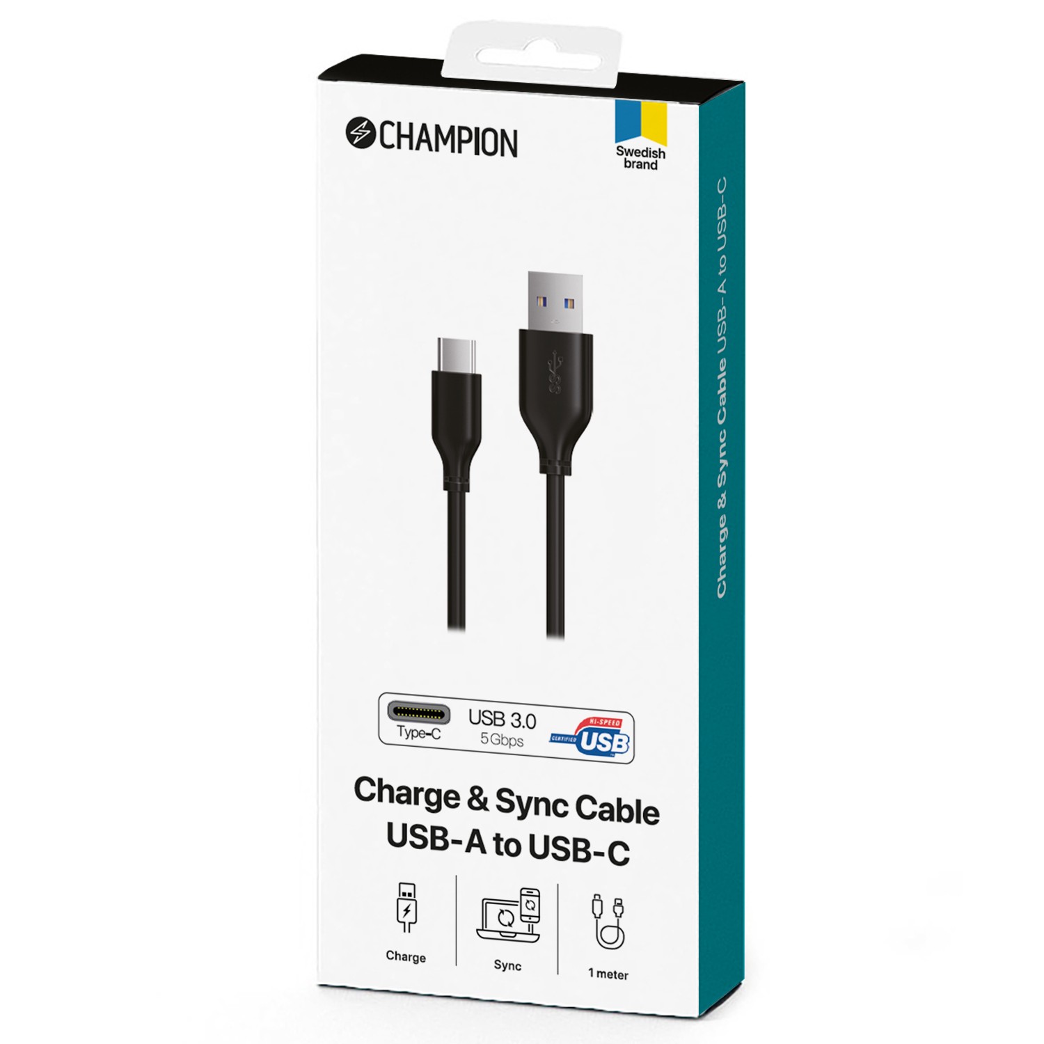 USB-A Champion till USB-C Kabel 1m Svart