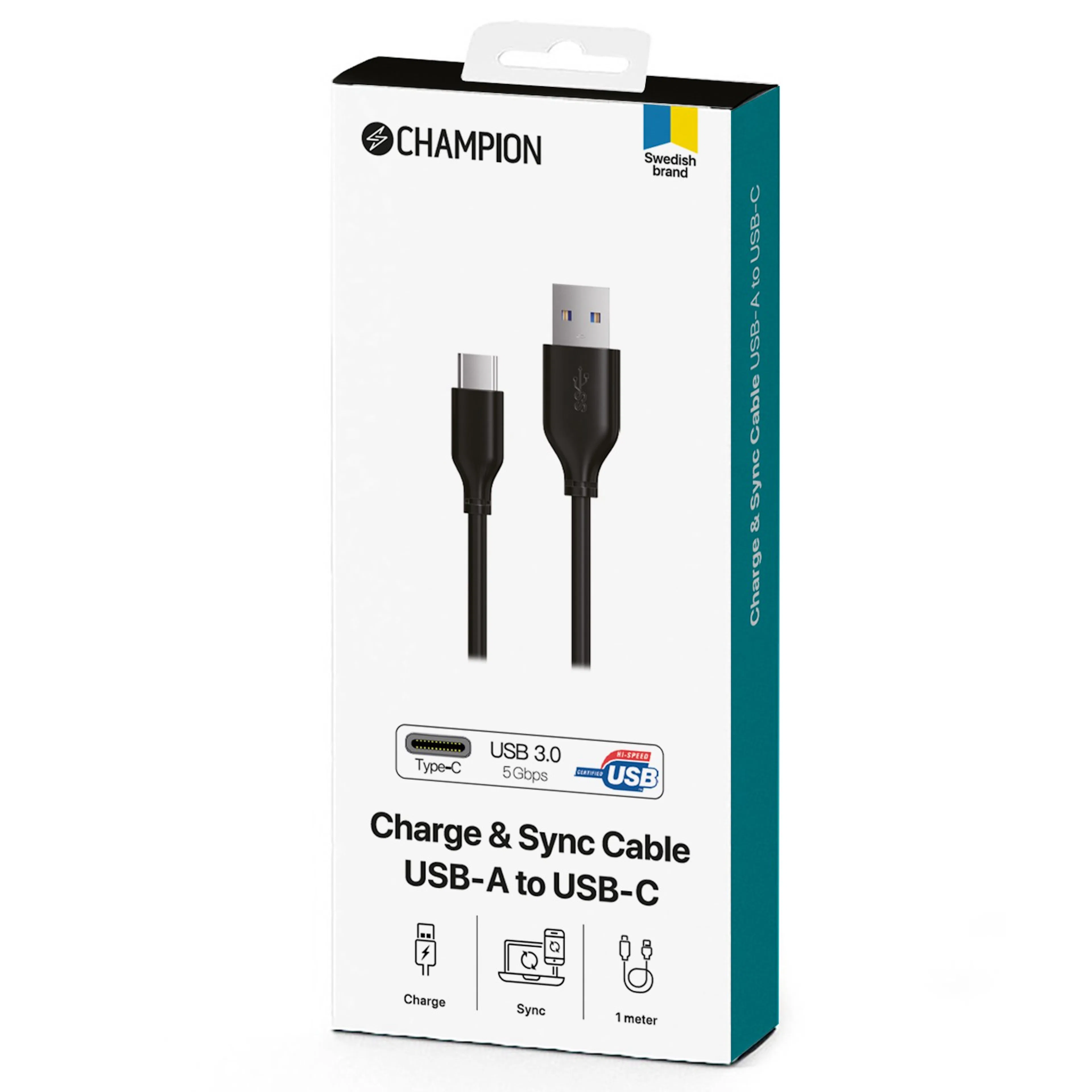 USB-A Champion till USB-C Kabel 1m Svart