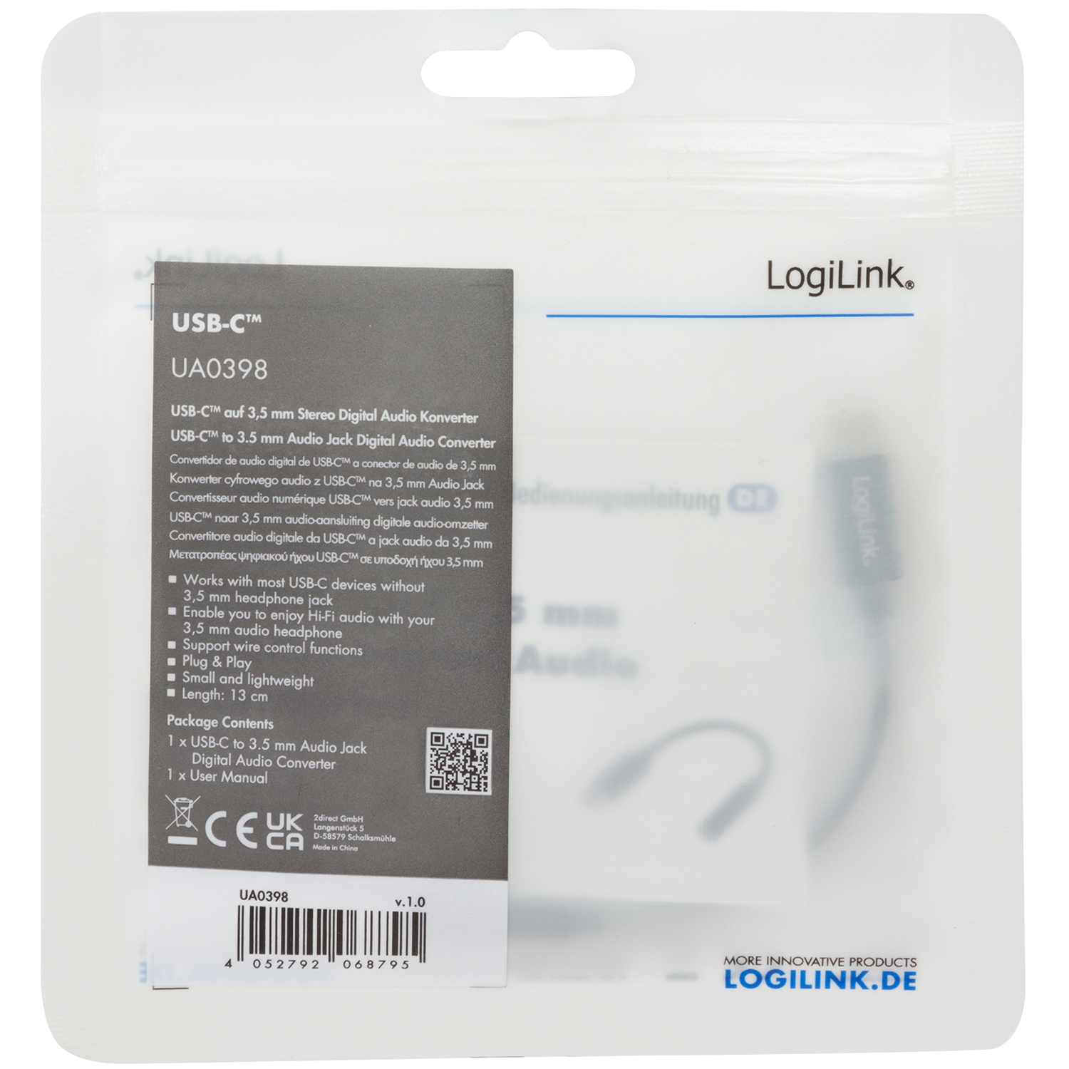 USB-C 3,5mm-ljudadapter LogiLink Med DAC 13cm Nylonkabel