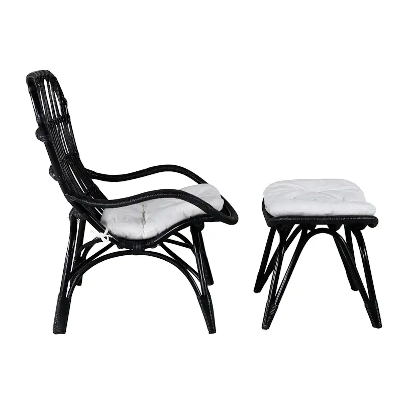 Ella Lounge Chair - BLACK rattan / Offwhite Cushion. inc. Ot Svart