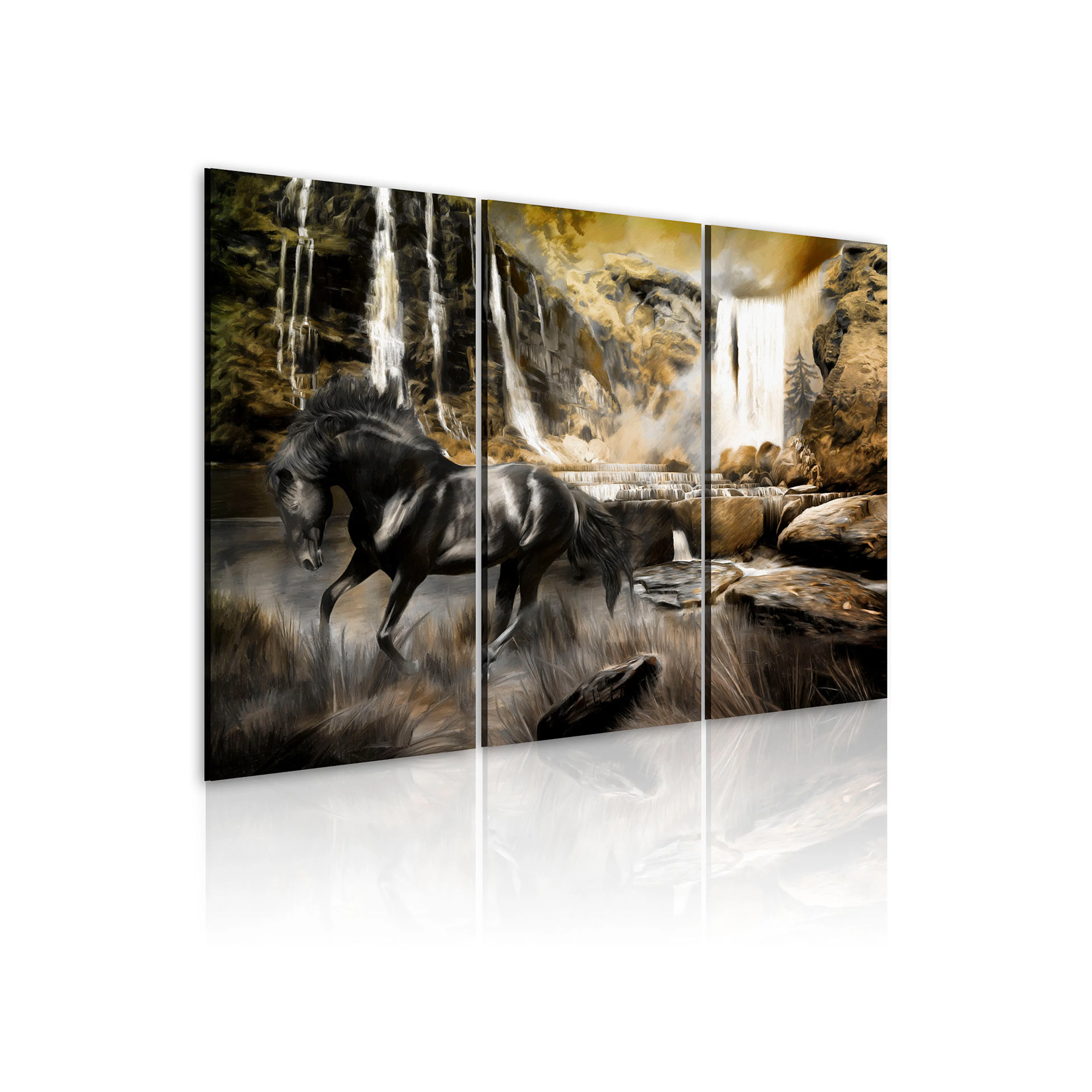 Tavla Arkiio Black Horse And Rocky Waterfall