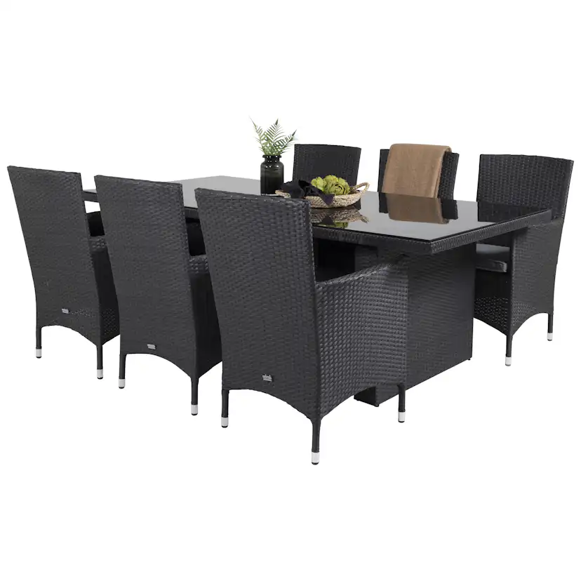 Padova Bord 200*100-Svart+Malinstol med dyba-Svart/Grå dyba6 Svart Bord, Svart Stol med Grå Dyna