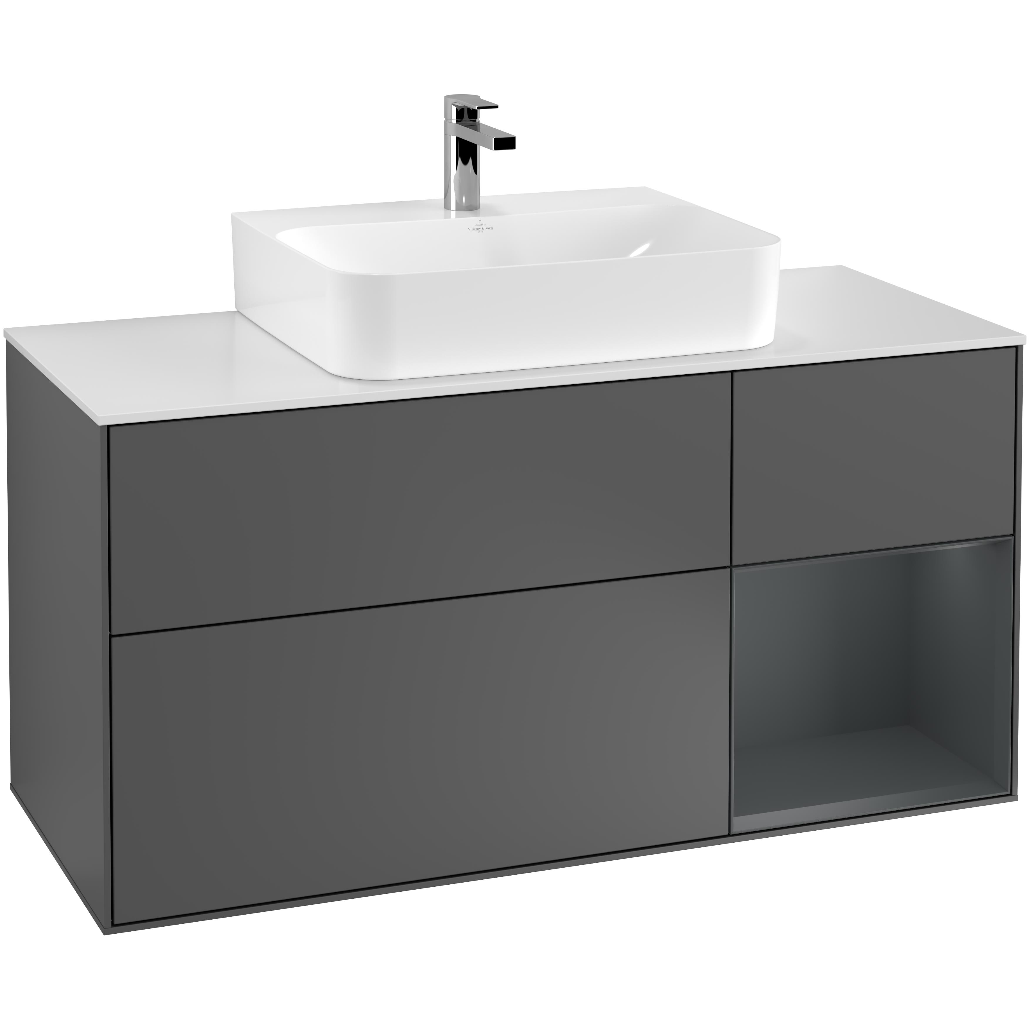 Tvättställsskåp Villeroy & Boch Finion G171HGGK Antracitgrå Mattlack/Midnattsblå Mattlack med bänkskiva i Mattvitt glas med Väggbelysning, Lucka Höger