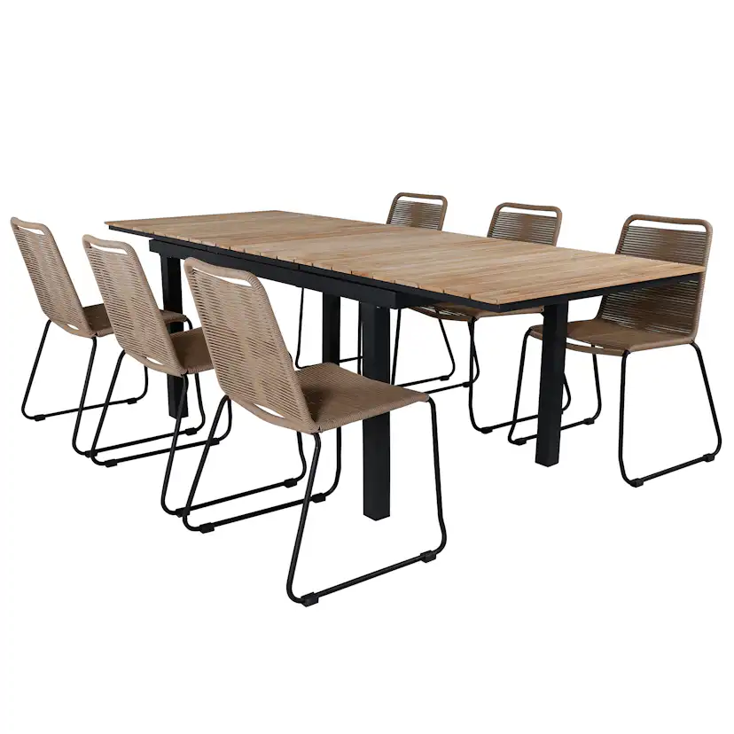 MexicoTable160/240*90-LindosStackingChair-Alu/LatteRope_6 Beige