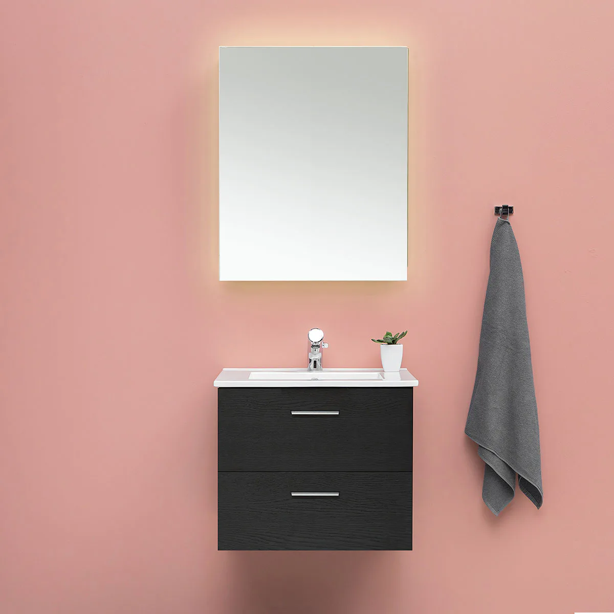 Möbelpaket 4AQUA Slim Svart Ek 60 med Lådor och Spegel Luna LED