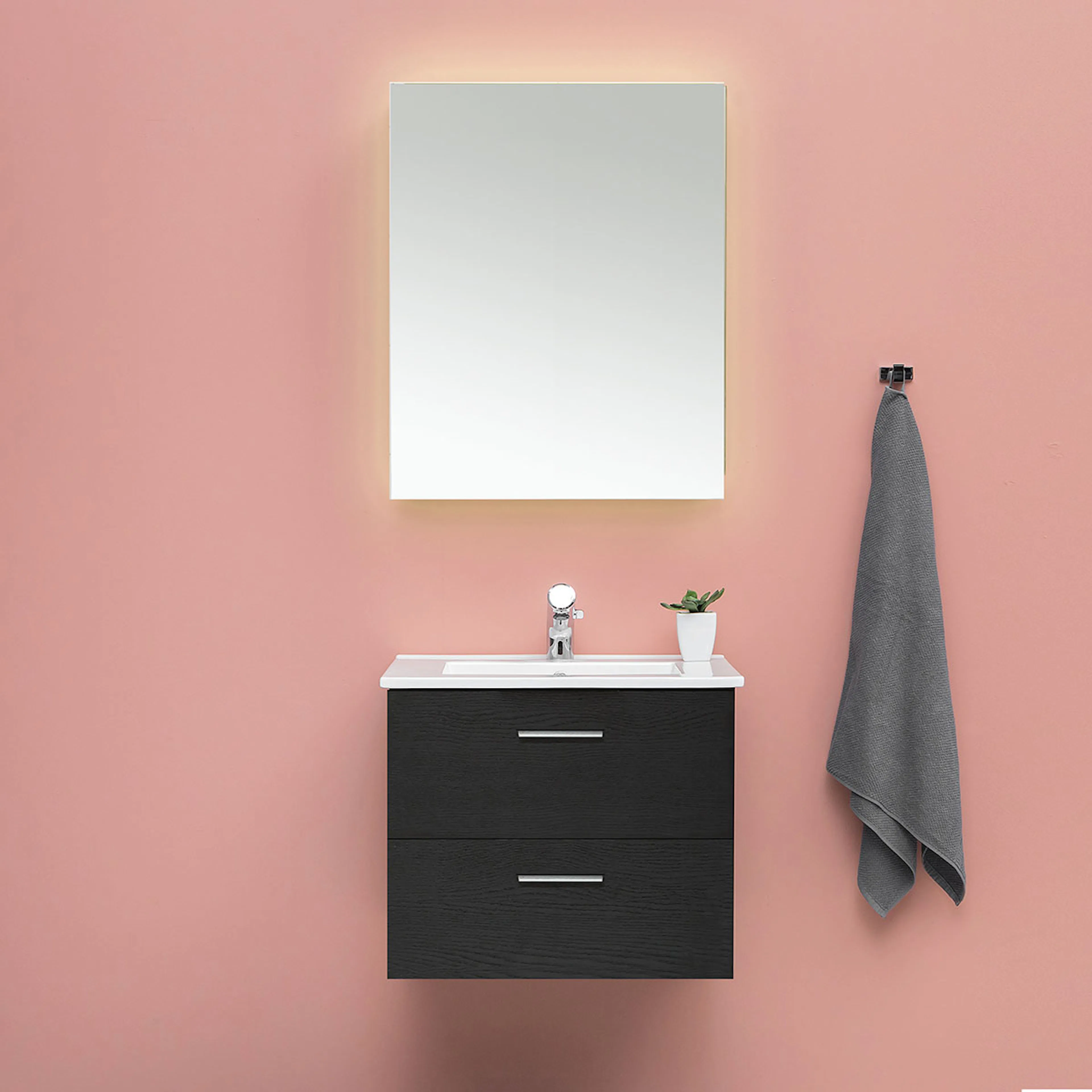 Möbelpaket 4AQUA Slim Svart Ek 60 med Lådor och Spegel Luna LED