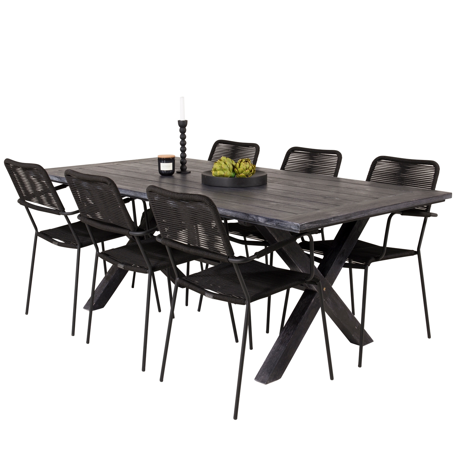 Rives Dining Table 200*100cm - Black Acacia+Lindos Armchair Svart/Svart