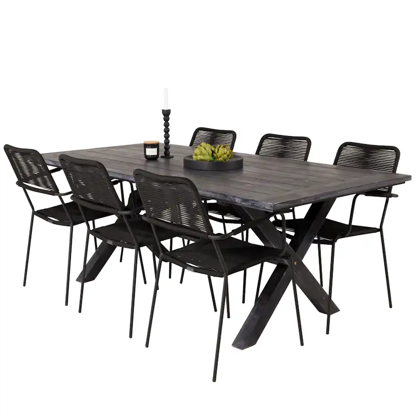 Rives Dining Table 200*100cm - Black Acacia+Lindos Armchair Svart/Svart