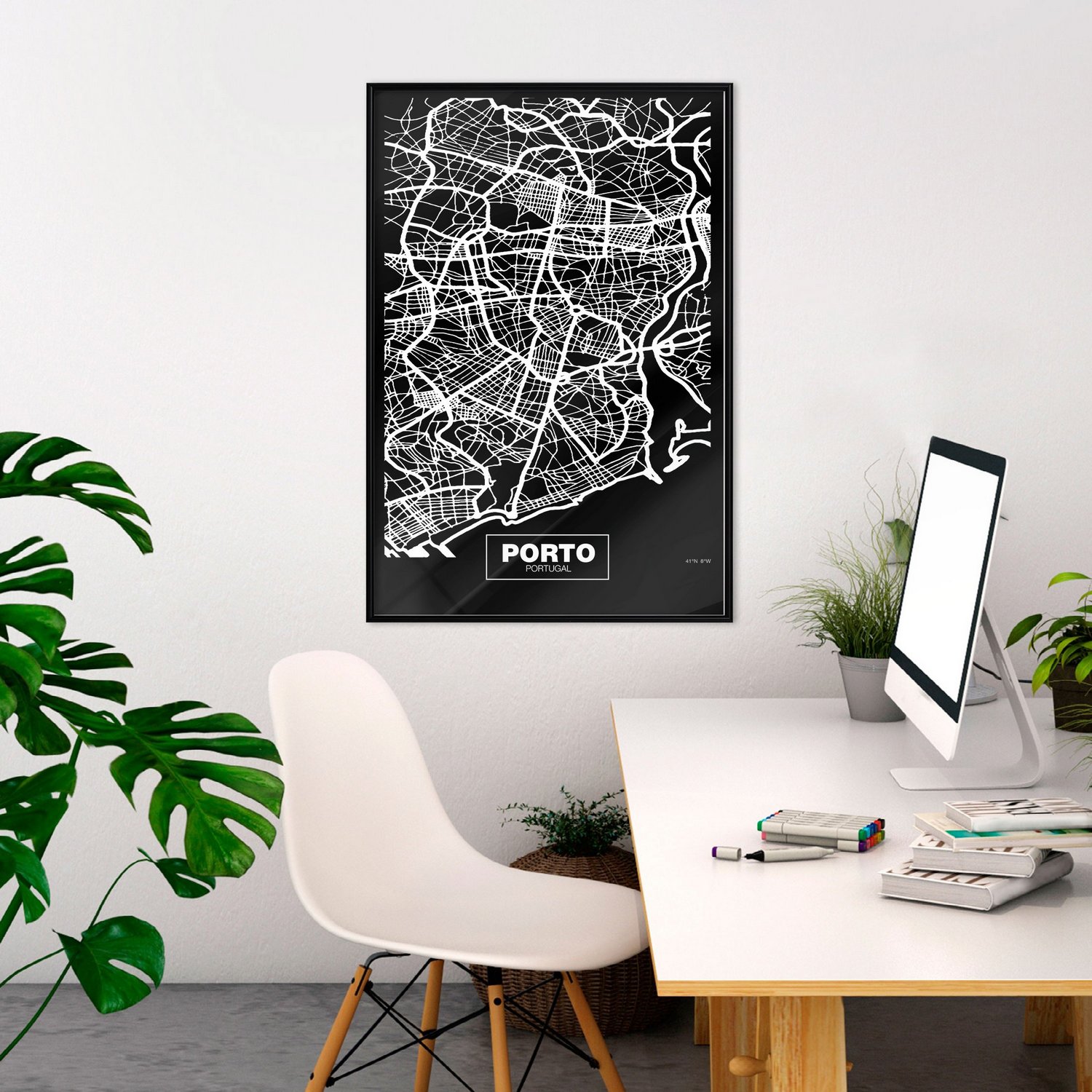 Affisch - Negative Map: Porto [Poster] 40x60 Svart ram, 40x60 cm