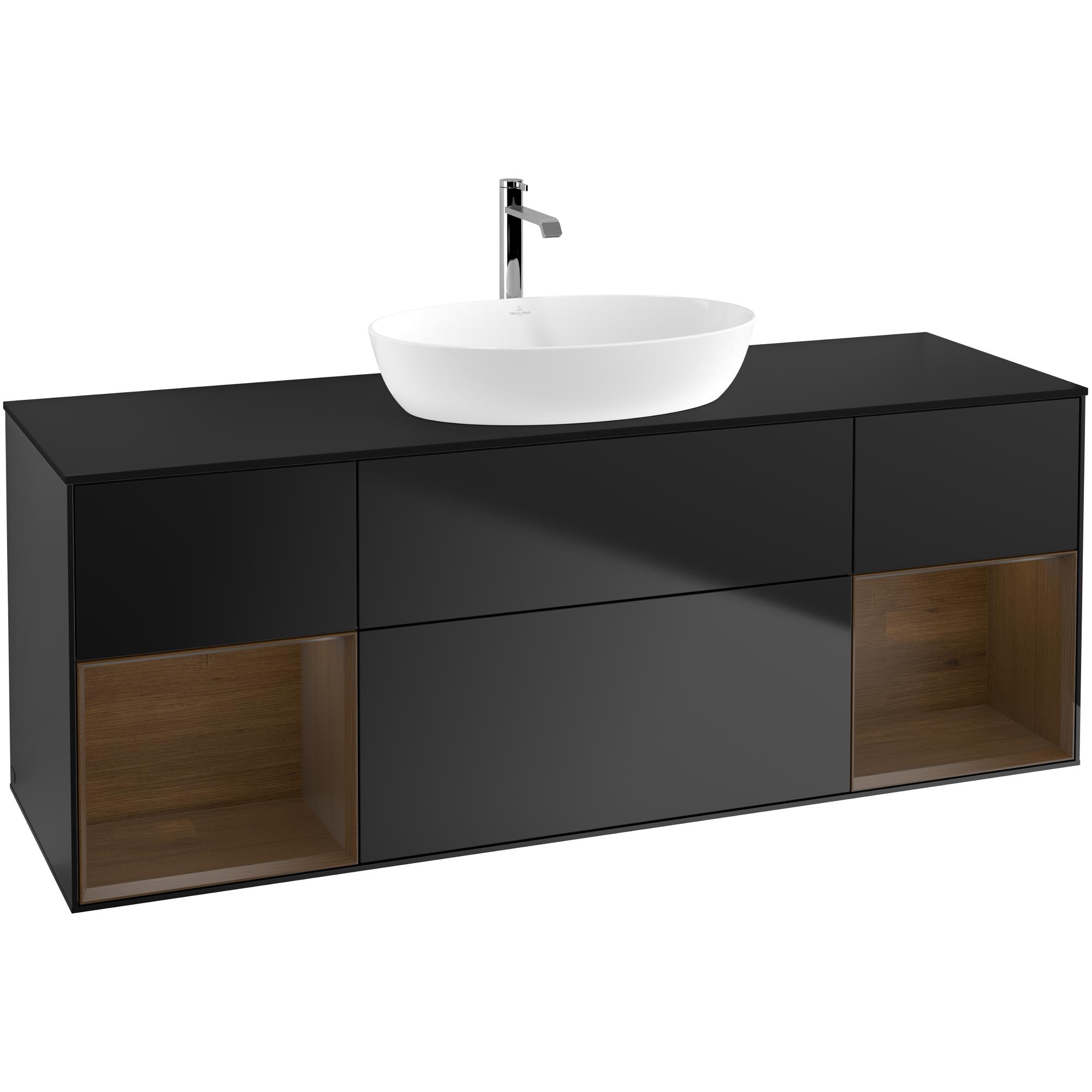 Tvättställsskåp Villeroy & Boch Finion G862GNPD Svart Mattlack/Valnötsfanér med bänkskiva i Mattsvart glas med Väggbelysning Med Blandarhål utan Väggbelysning