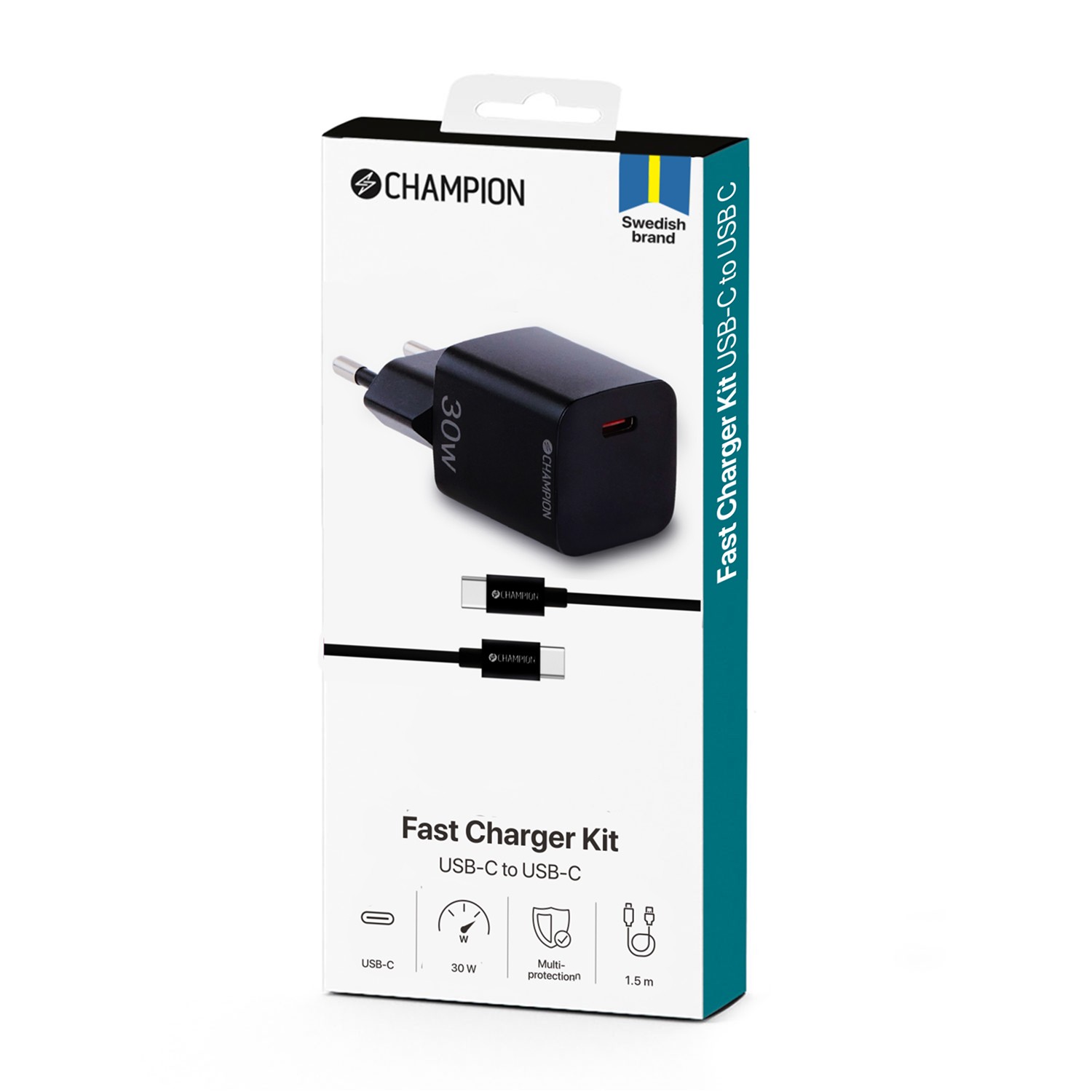 Laddare Champion 30W + USB-C Kabel Svart