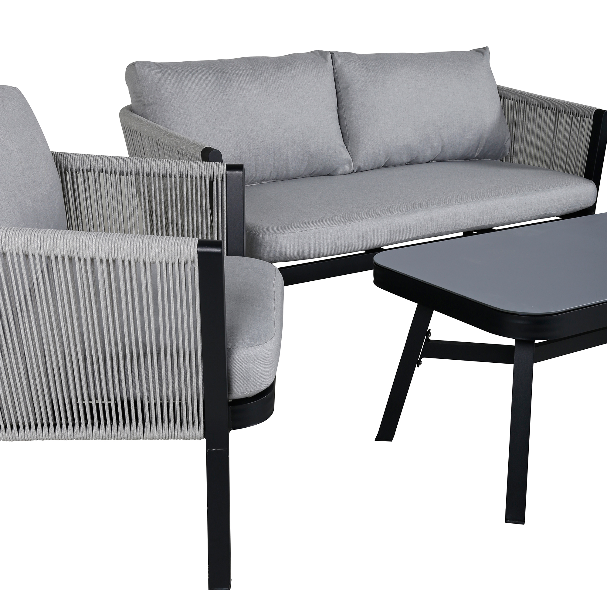 Virya Lounge set (3+2+1) BLACK alu / Grey rope / grey cushio Svart/Grå