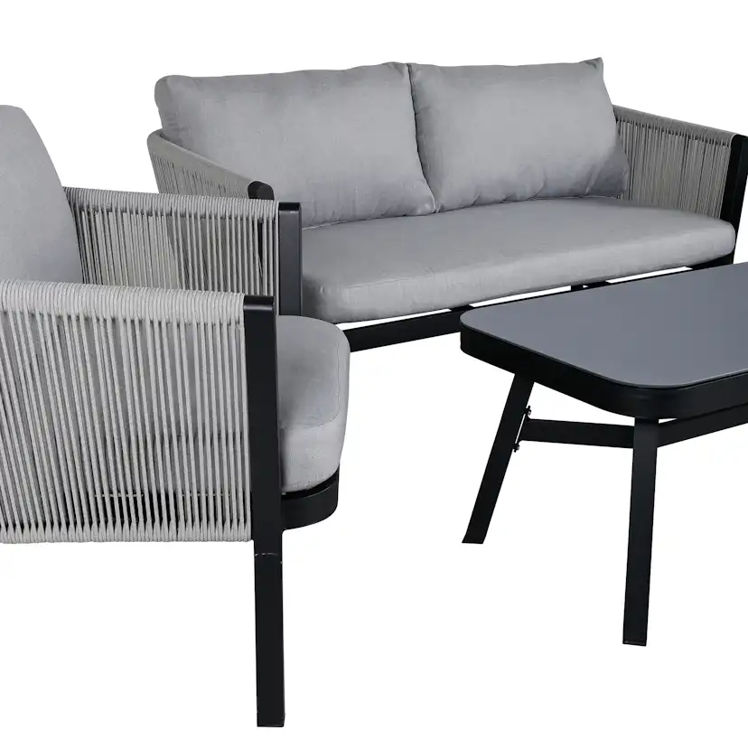 Virya Lounge set (3+2+1) BLACK alu / Grey rope / grey cushio Svart/Grå