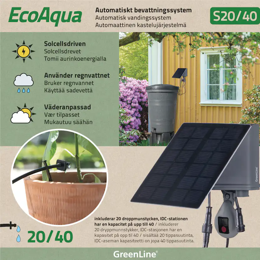 Solcellsdrivet Droppbevattningssystem Greenline EcoAqua S20/40 för Trädgården