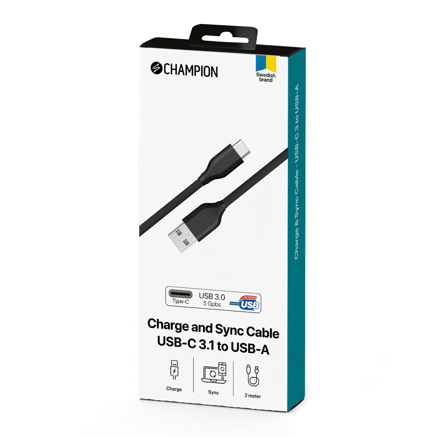 USB-A Champion till USB-C Kabel 2m Svart