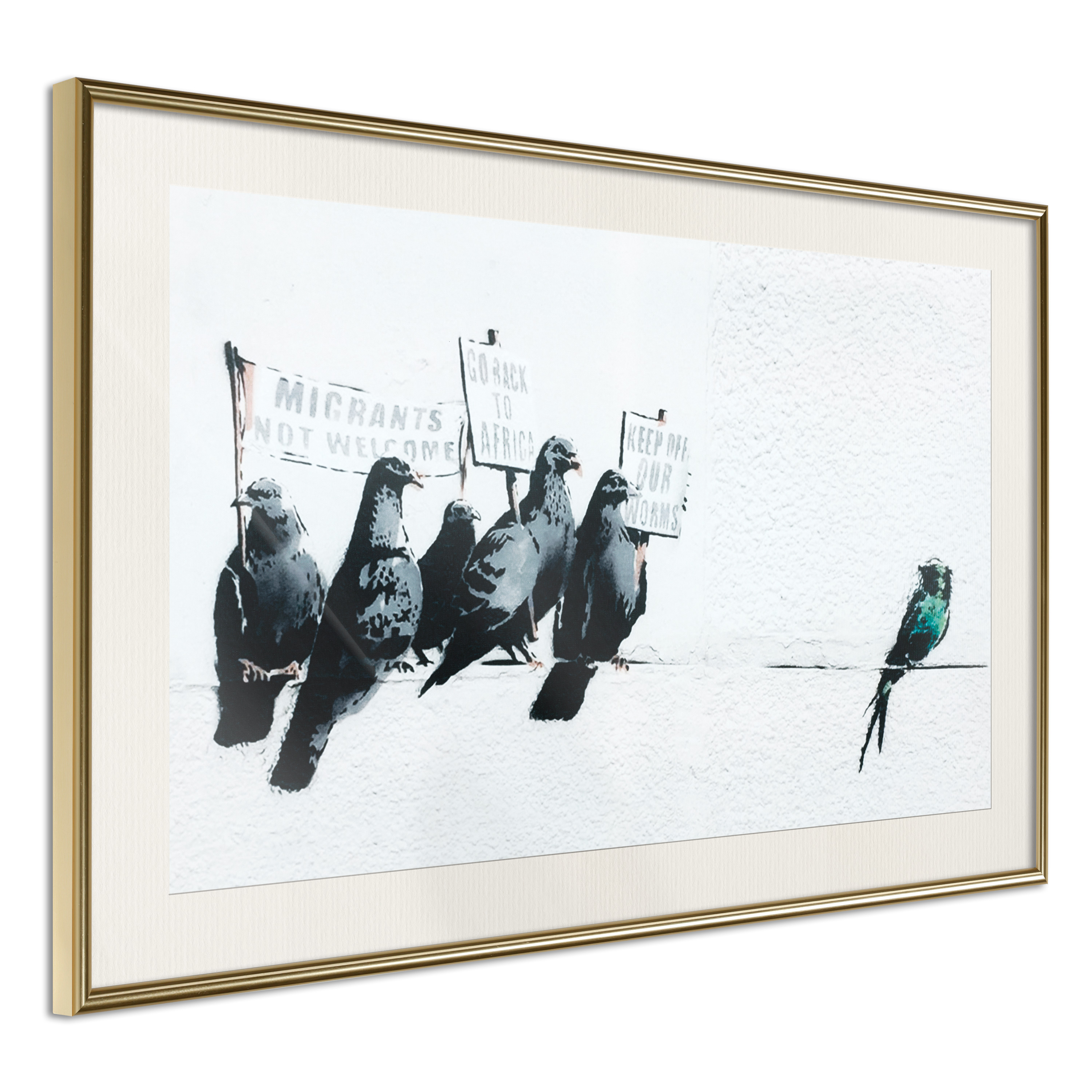 Affisch - Xenophobic Pigeons [Poster] 60x40 Guld ram med passepartout, 60x40 cm