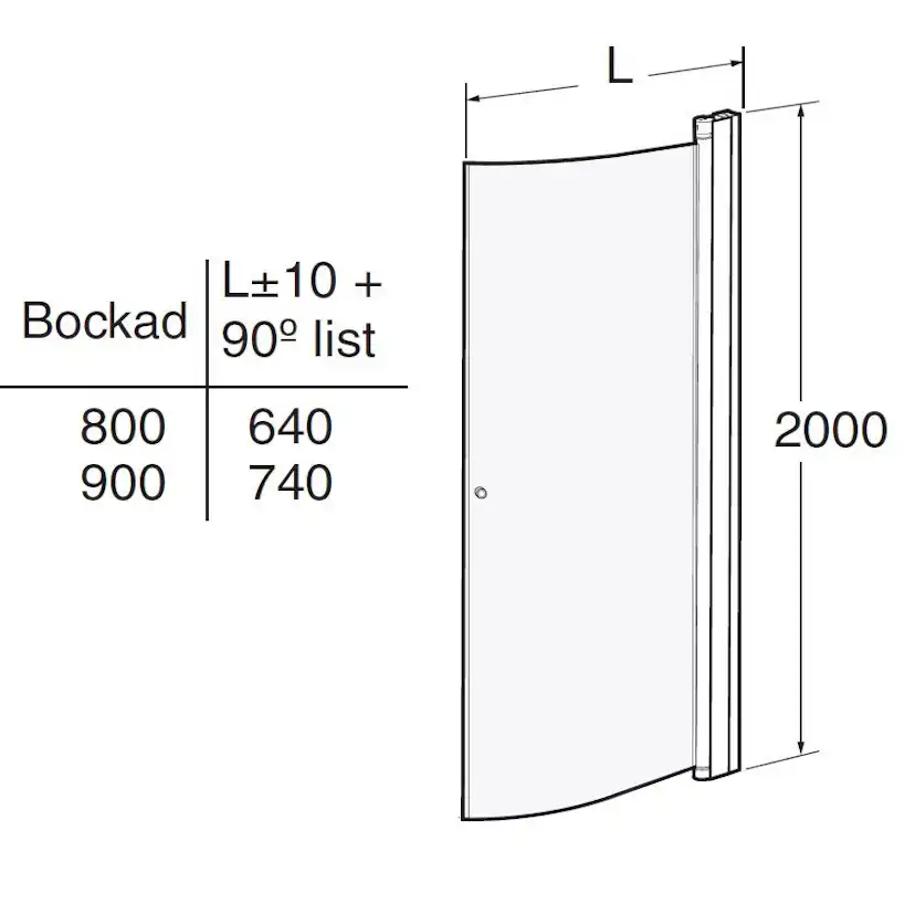 Duschdörr Contura Shower Space SBNF Bockad med Knopp 900 mm BxH:740x2000