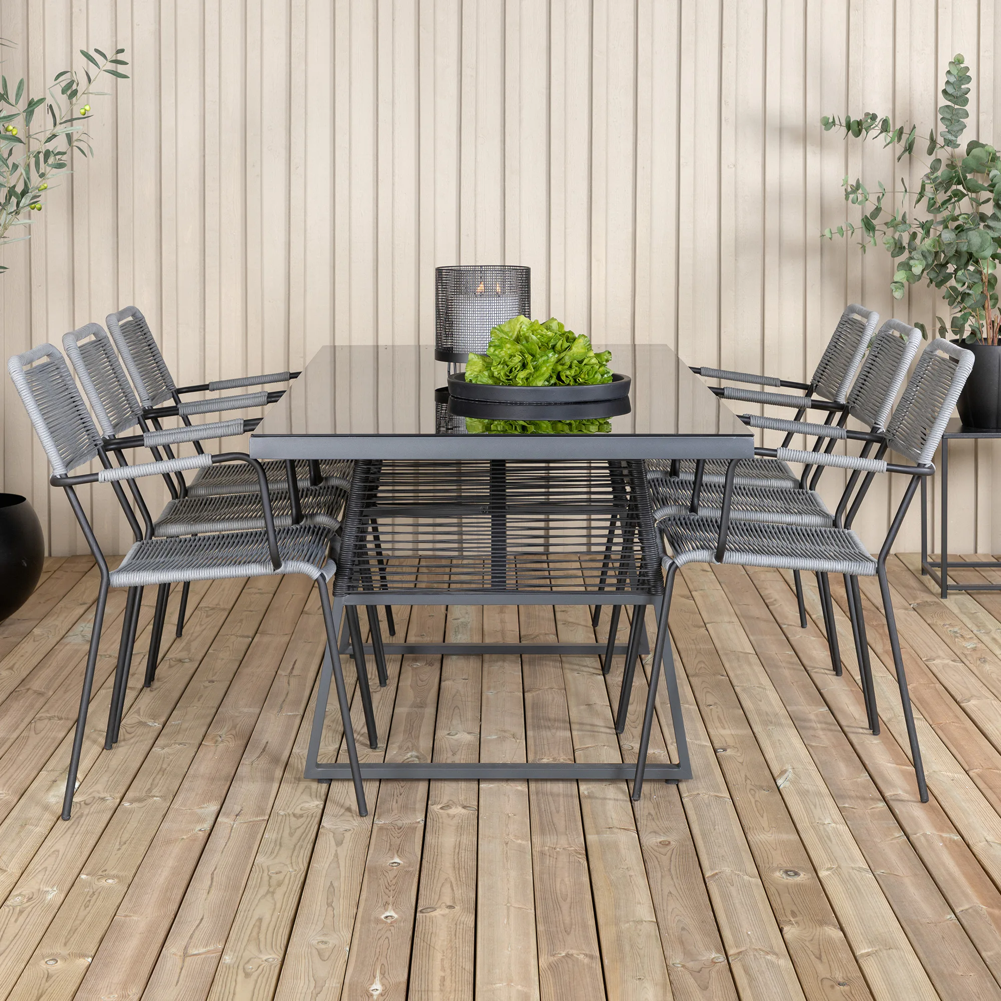 Dallas Dining Table+Lindos Armchair - Black Alu / Black Rope Sort