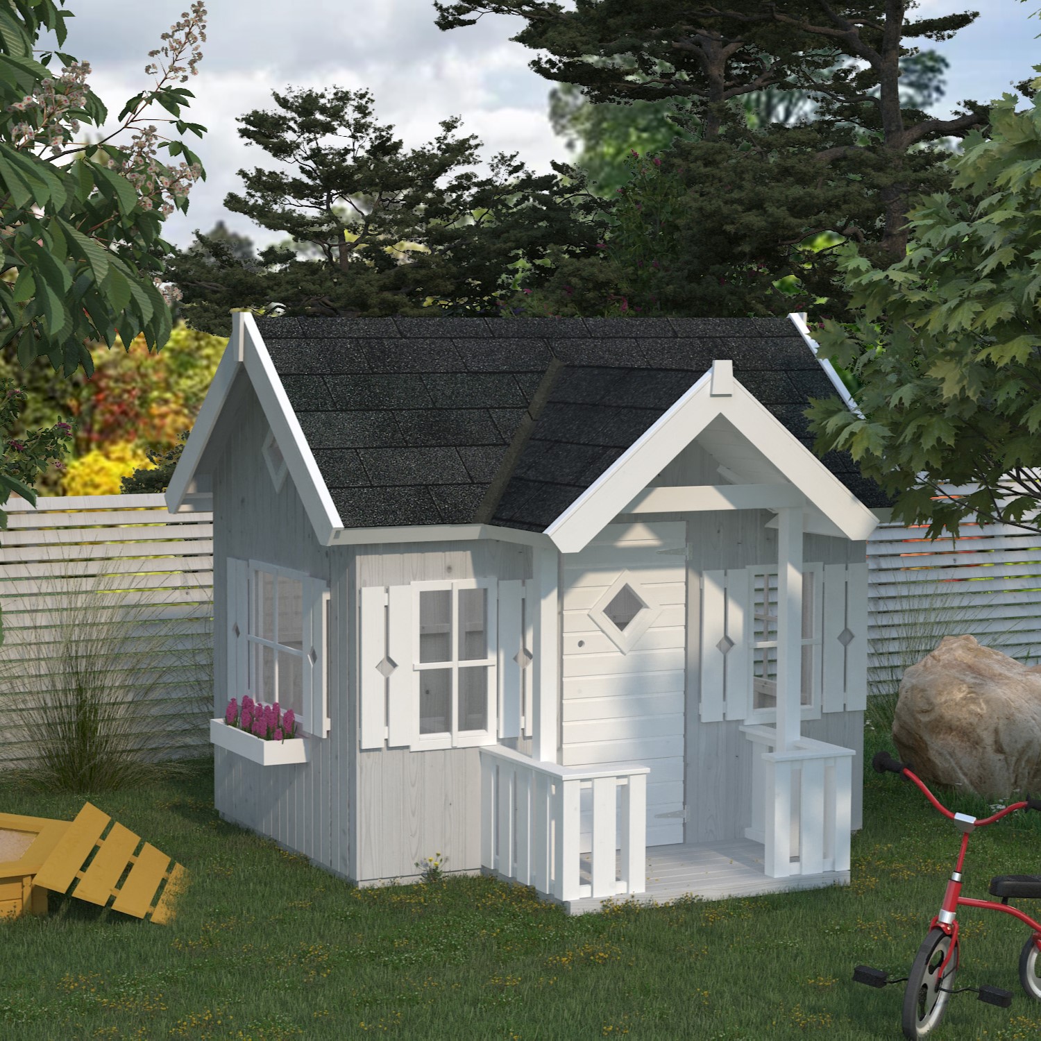 Lekstuga Palmako Jennie 3,7 m² Trästuga med Altan & Sadeltak