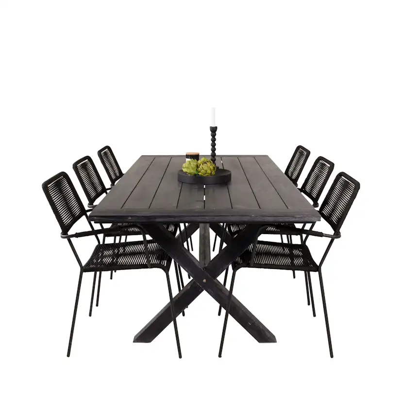 Rives Dining Table 200*100cm - Black Acacia+Lindos Armchair Svart/Svart