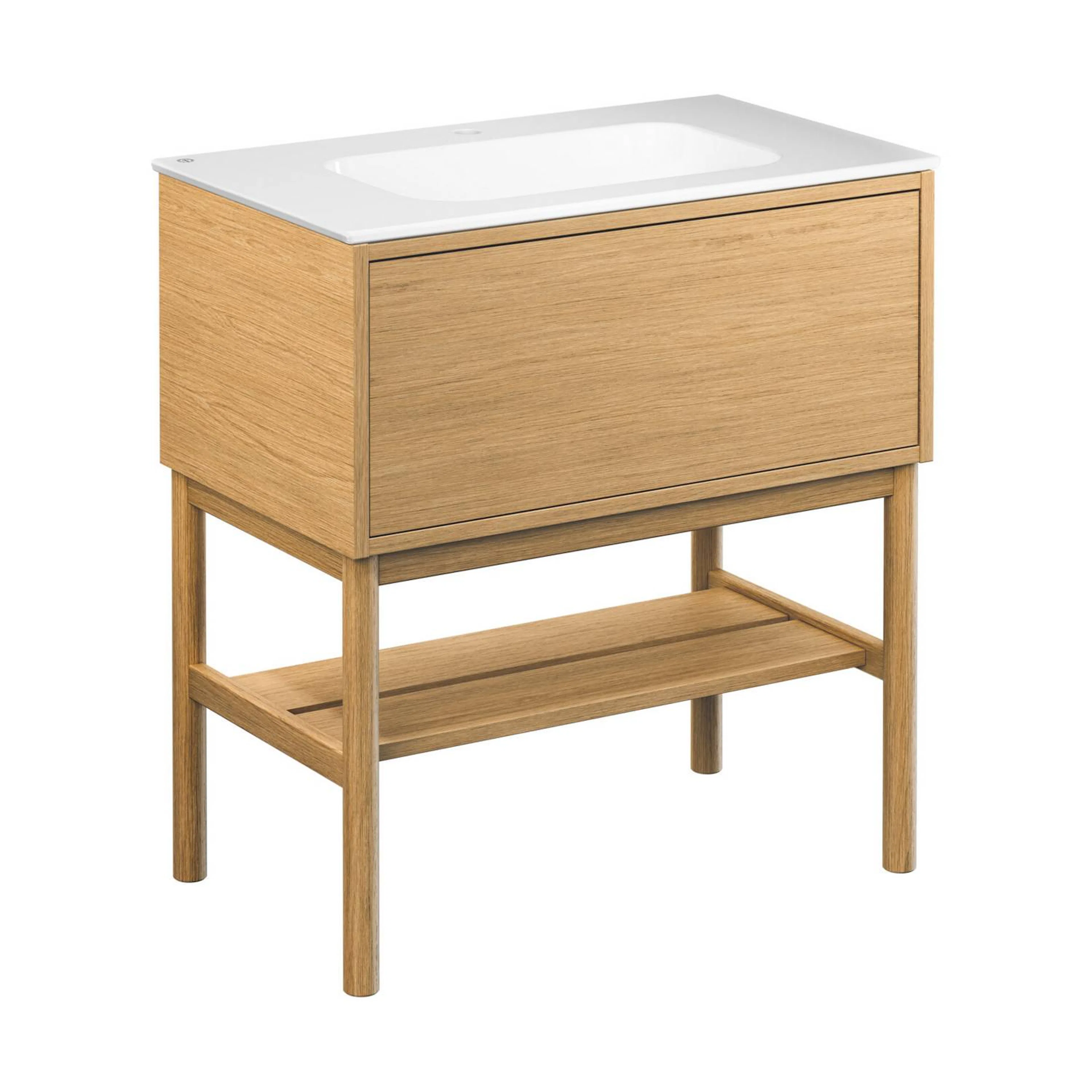 Kommod Ducentic Ljus ek - 80 cm. Porslinstvättställ, Vit, fö Ljus Ek, Hål för 1 st Singelhålsblandare
