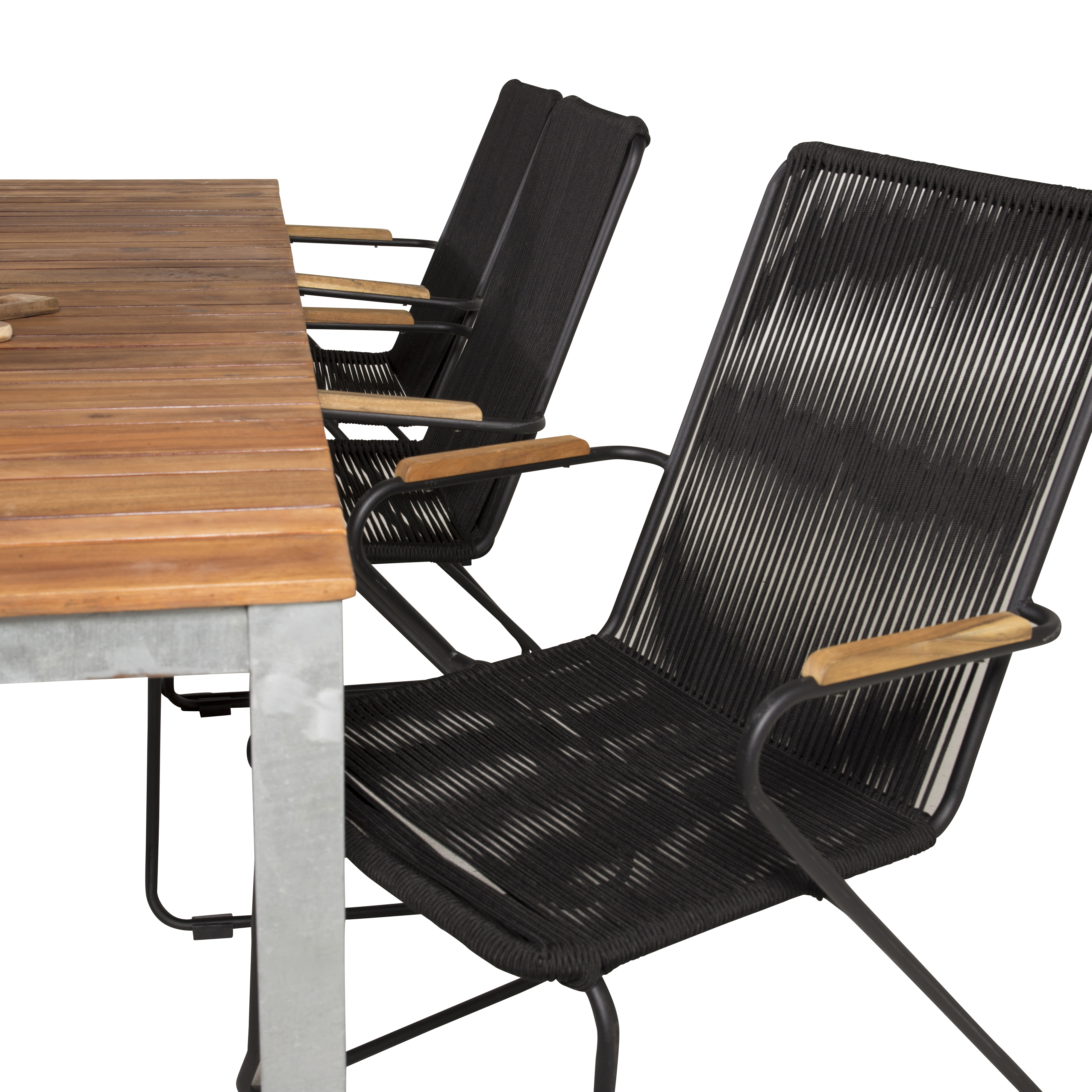 Zenia Bord200*100-Acacia/Zink+Bois stol-svartt rep/Acacia6 Akacia Bord med Zinkbehandlad Stomme, Svart Stol med Svart Stomme