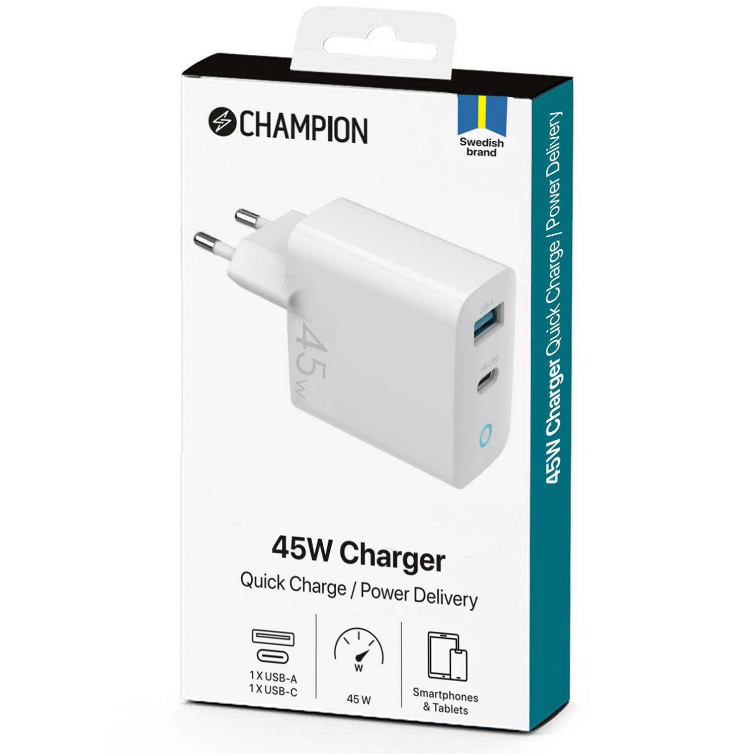 Laddare Champion 45W GaN QC/PD Vit