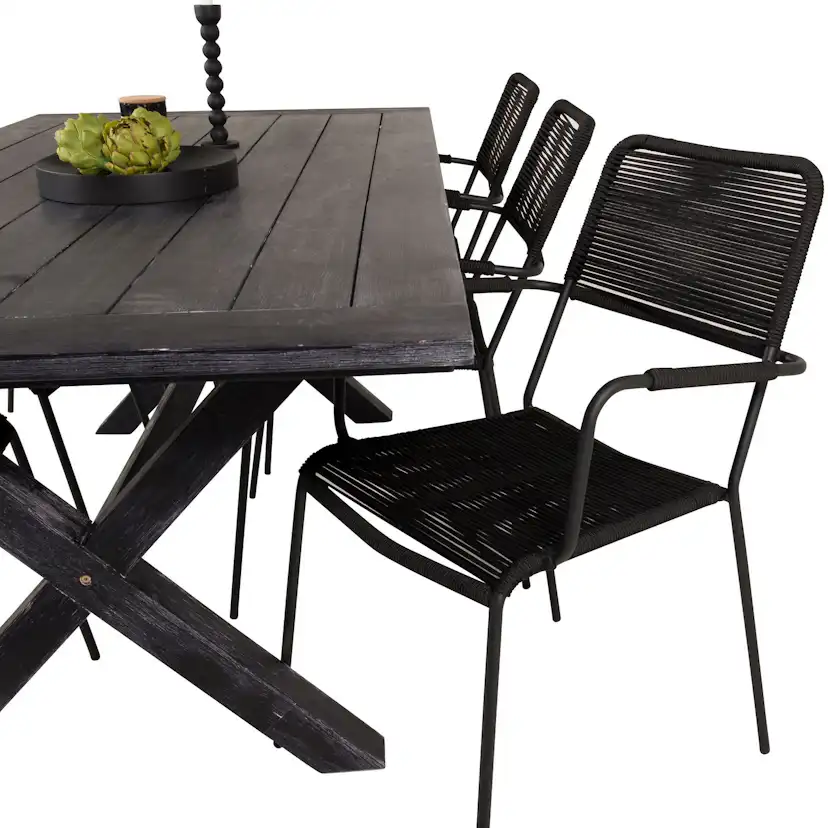 Rives Dining Table 200*100cm - Black Acacia+Lindos Armchair Svart/Svart