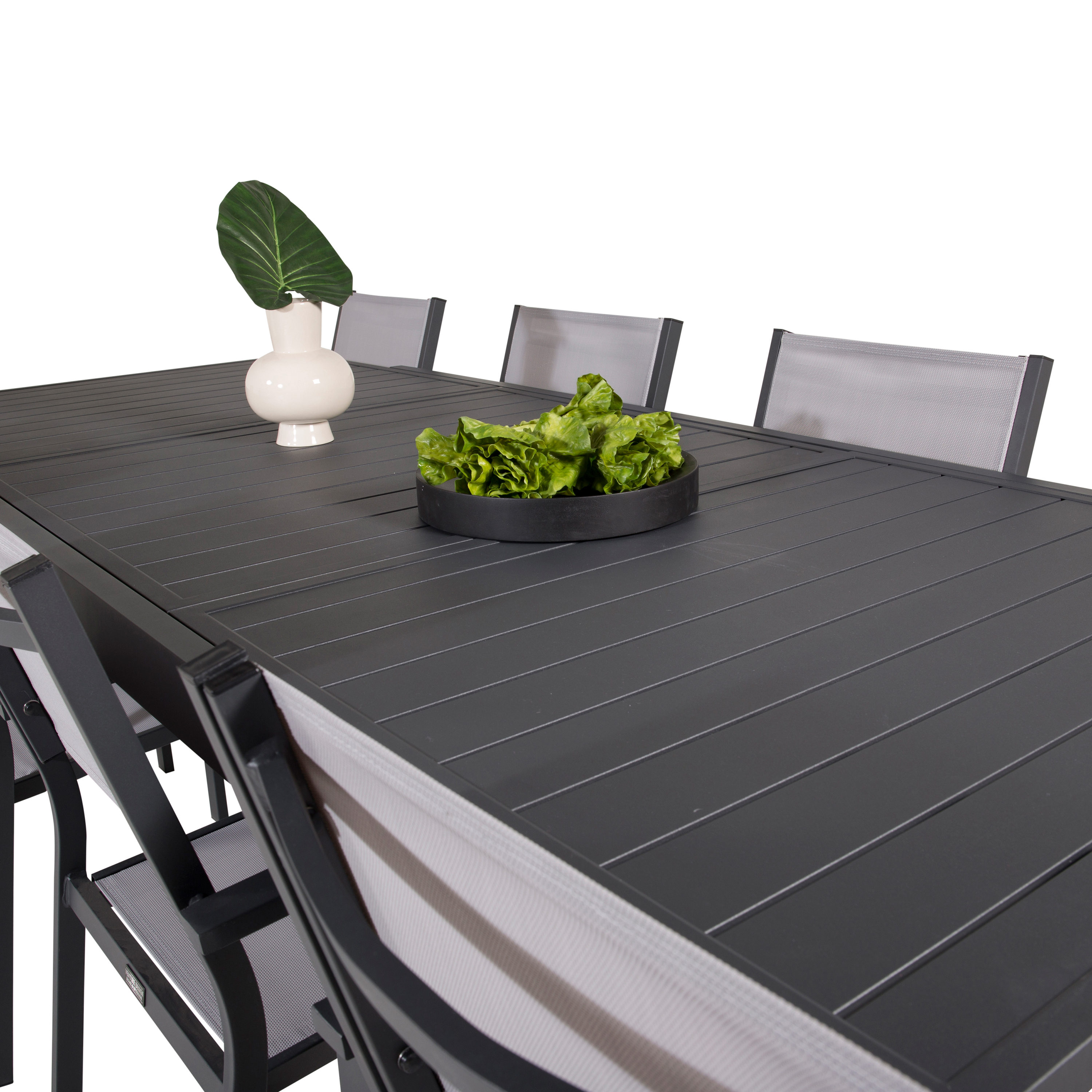 Marbella Bord160/240*100*H75-svart+Copacabanastol-svart/Grå8 Svart Bord, Grå stol med Svarta Ben