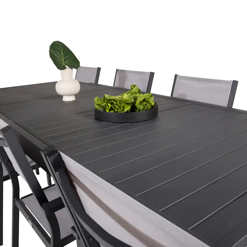 Marbella Bord160/240*100*H75-svart+Copacabanastol-svart/Grå8 Svart Bord, Grå stol med Svarta Ben