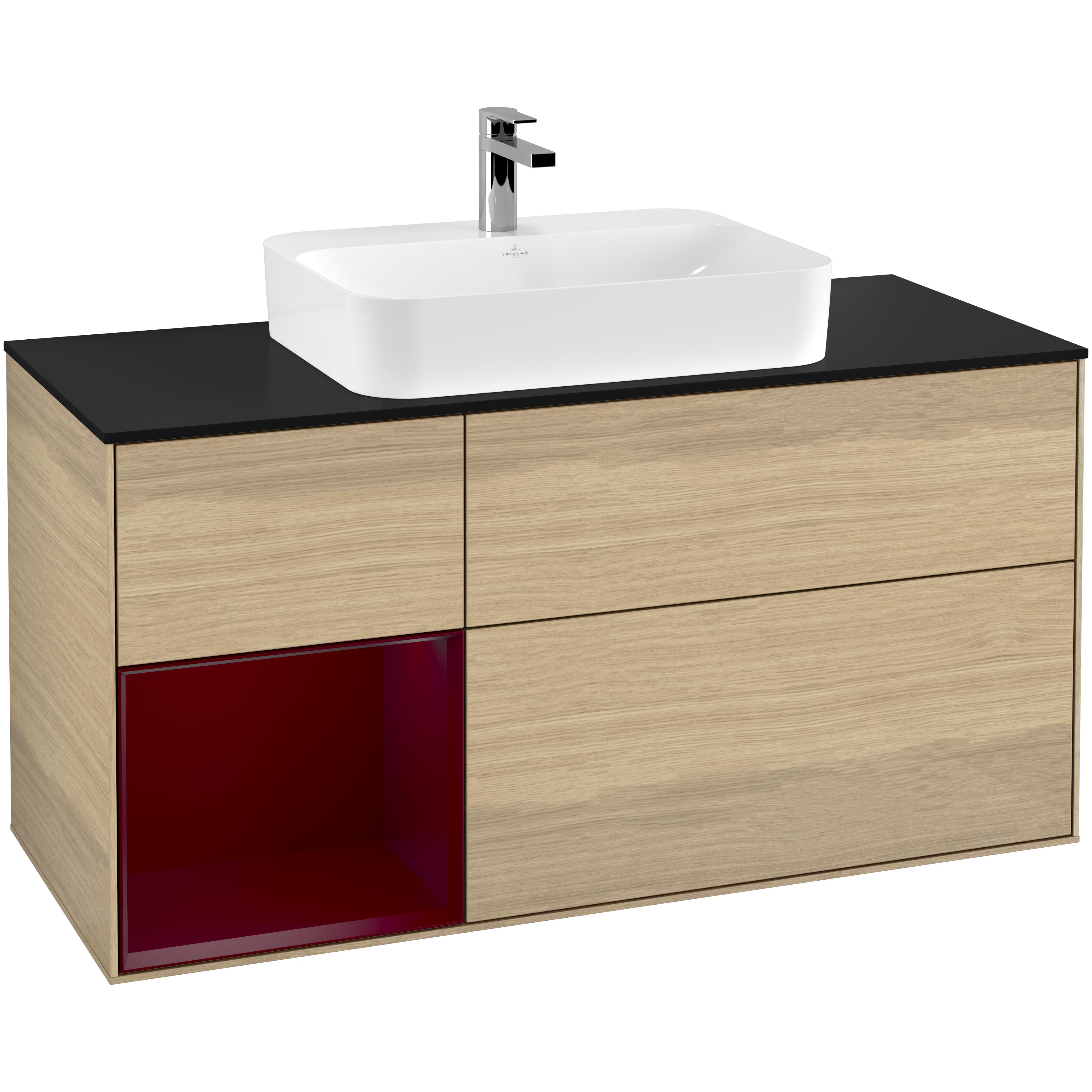 Tvättställsskåp Villeroy & Boch Finion F412HBPC Ekfanér/Pion Mattlack med bänkskiva i Mattsvart glas, Lucka Vänster