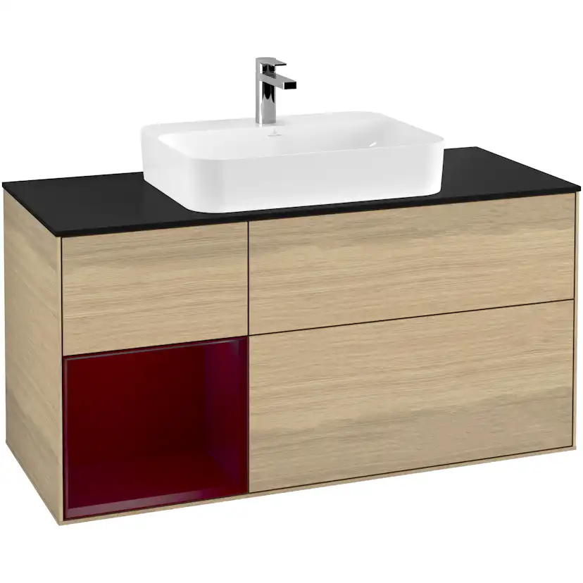 Tvättställsskåp Villeroy & Boch Finion F412HBPC Ekfanér/Pion Mattlack med bänkskiva i Mattsvart glas, Lucka Vänster