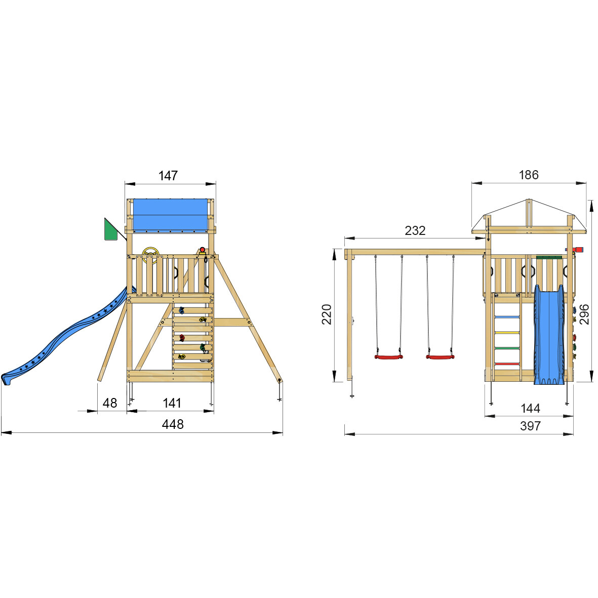 Lektorn Jungle Gym Fort 2.1 m/2 Swing Modul Med Blå Rutschkana