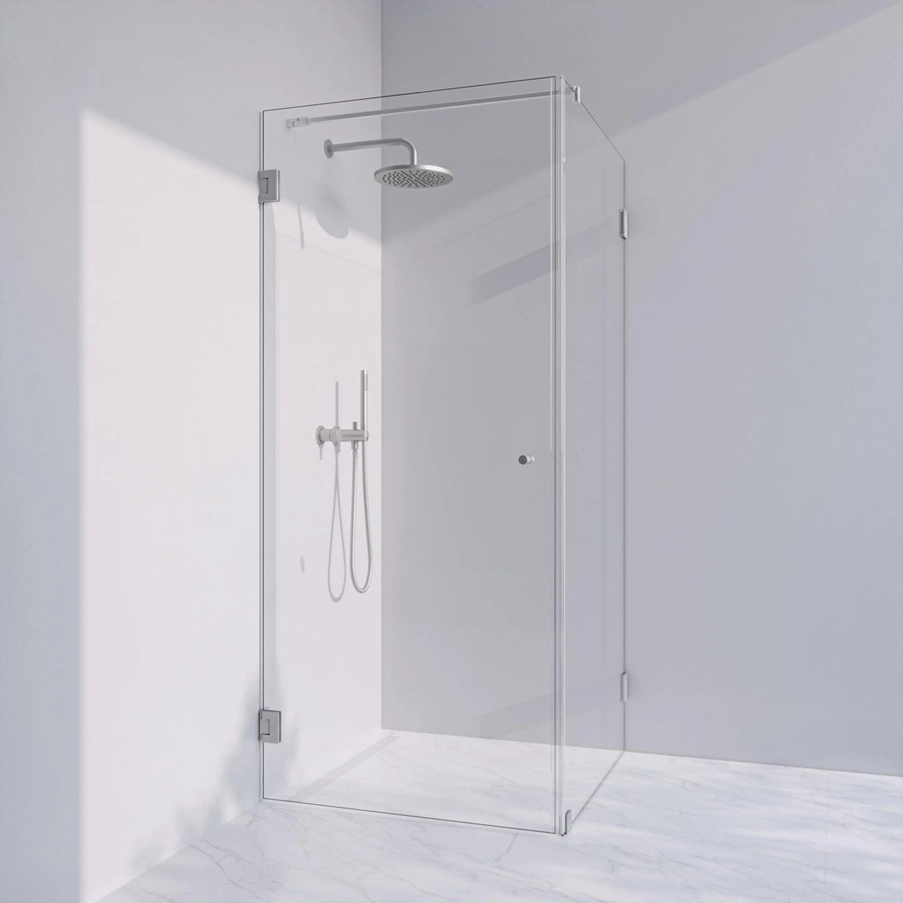 Invitrea Flair GH21/Högerhängd/80x90/Blank krom/Räfflad knop Storlek: 800x900 mm, Glastyp: Klarglas Järnfattigt, Profil: Blank Krom, Handtag: Räfflad knopp, Hängning: Högerhängd
