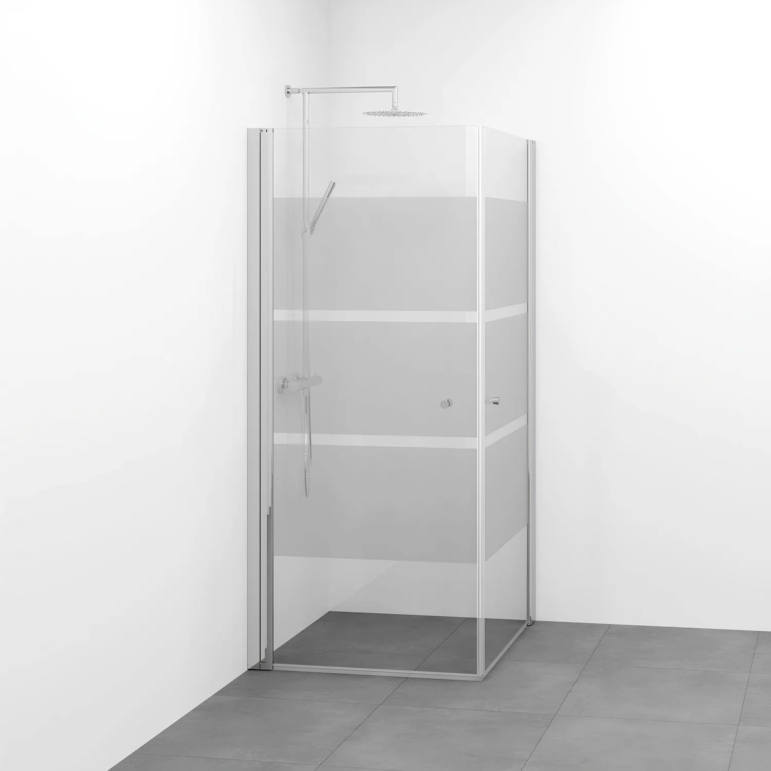 Spirit Rak 100x100 Bl Sc 1000x1000x1970 mm, Krom, Screentryckt glas med Knopp