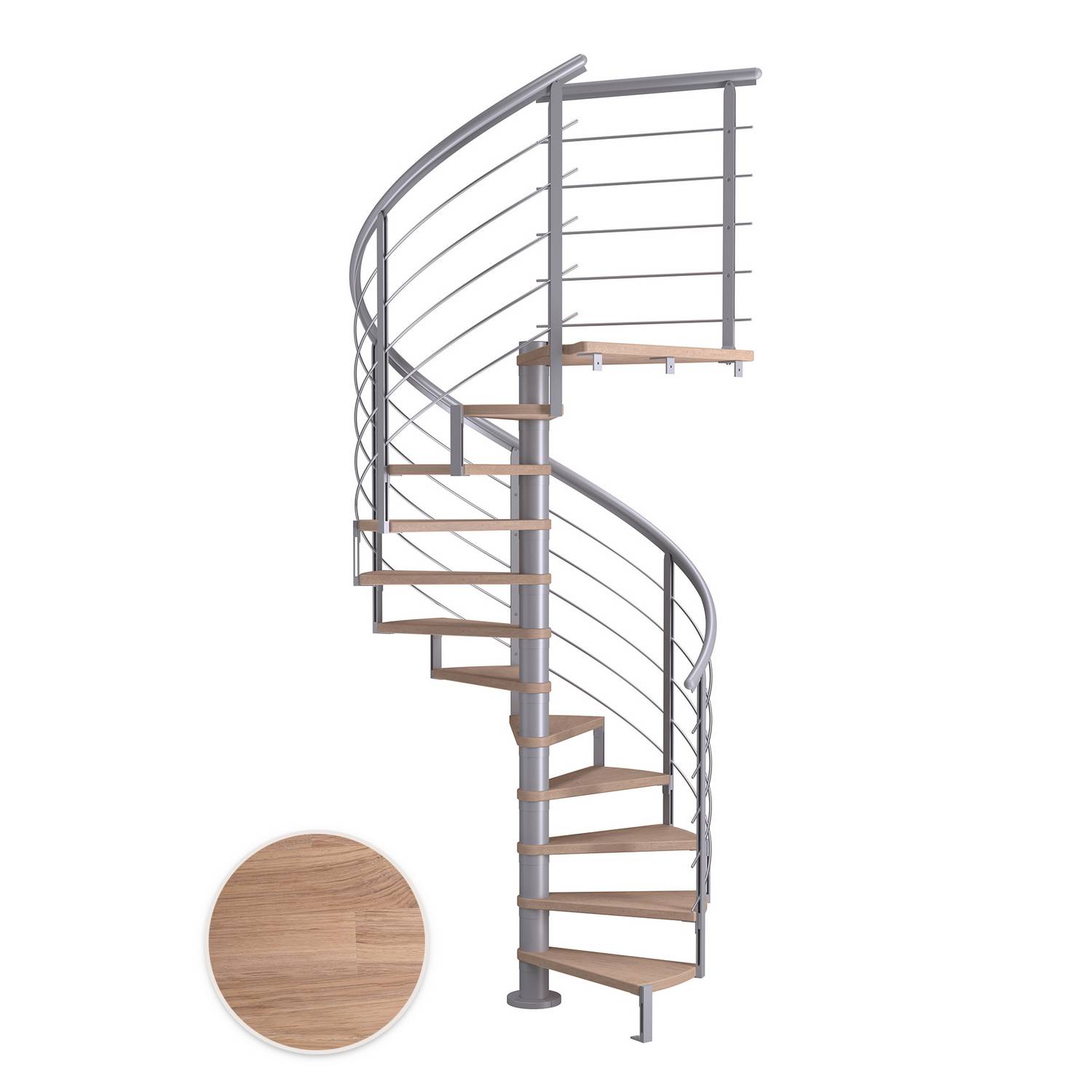 MONTREAL spiral ek vit oljad pearl grey DESIGN 13T Ø140 Pearl Grey, D: 1400 mm, Golv till golv höjd: 2910-3330 mm, 13+1 steg