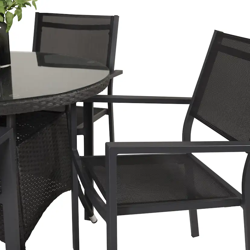 Volta bord-Svart-ø90+Copacabana stol-Svart Alu/Svart Textil4 Svart Bord, Svart Stol