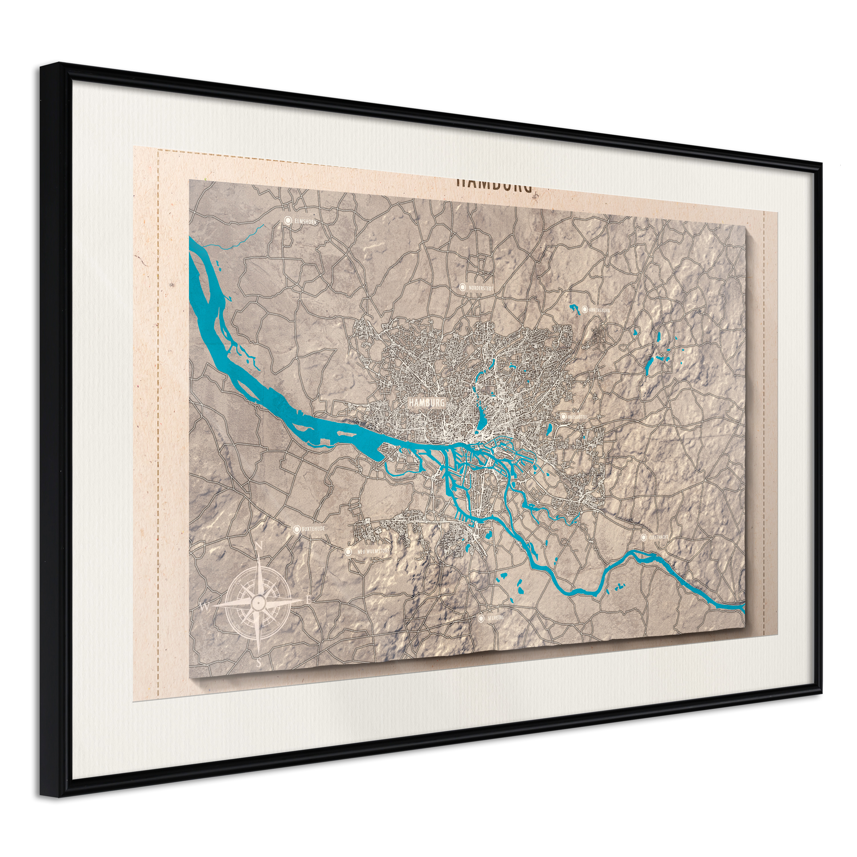 Affisch - Isometric Map: Hamburg [Poster] 30x20 Svart ram med passepartout, 30x20 cm