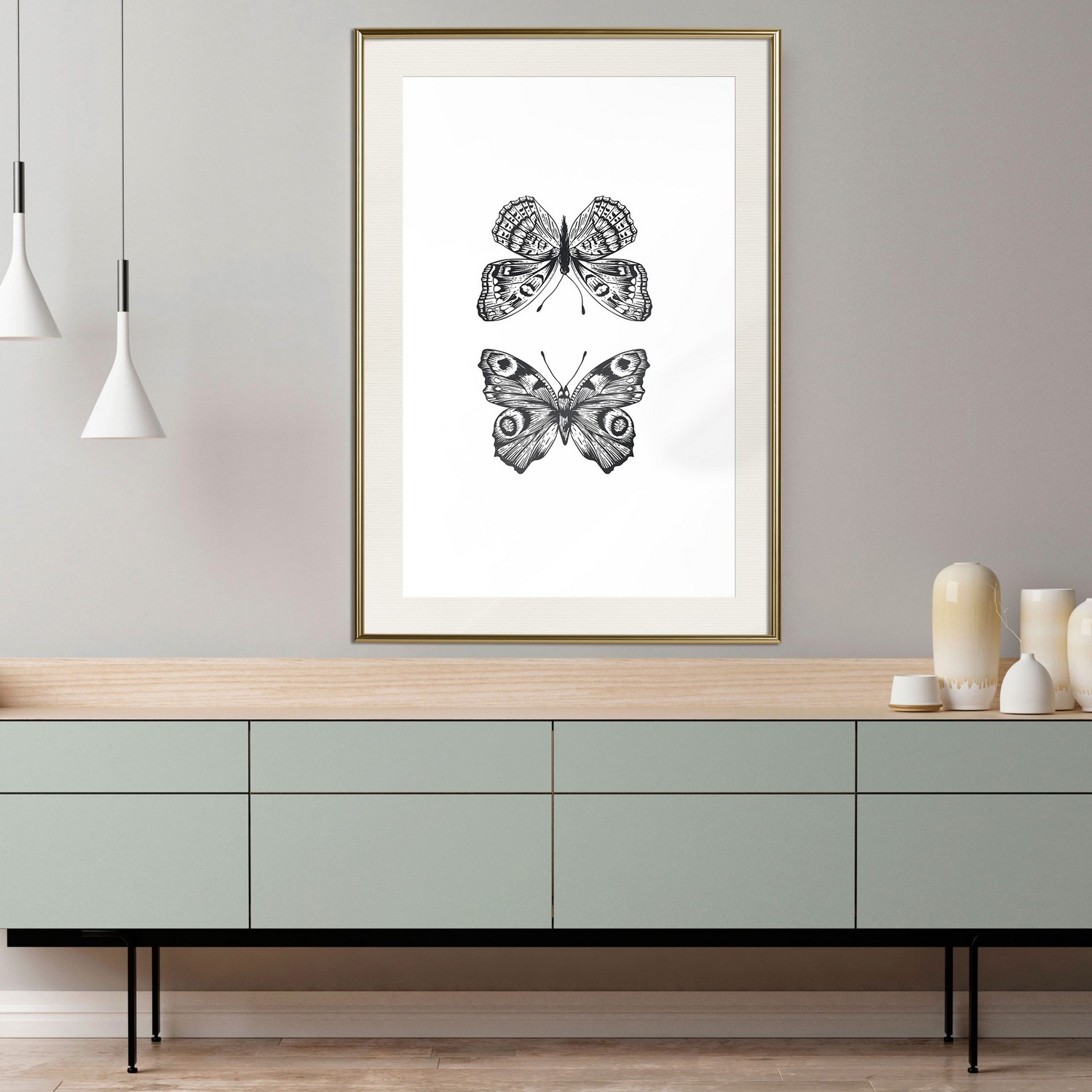 Affisch - Two Butterflies [Poster] 40x60 Guld ram med passepartout, 40x60 cm
