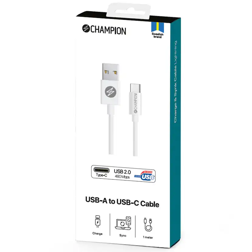 USB-A Champion till USB-C Kabel 1m Vit