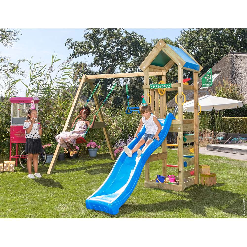 Gungställning Jungle Gym Patio Med 2 Gungor & Blå Rutschkana