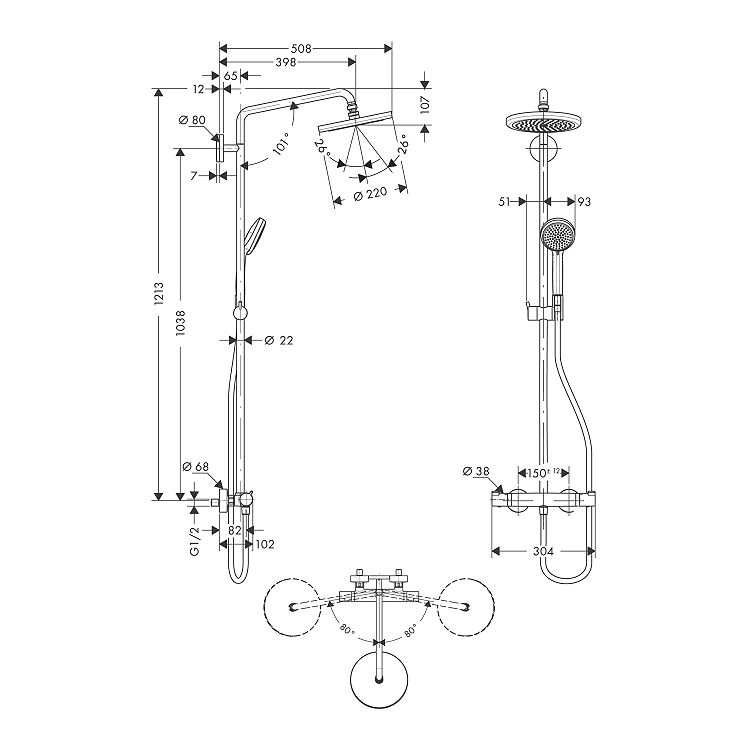 Takduschset Hansgrohe Croma Showerpipe 220 Showerpipe 150 cc