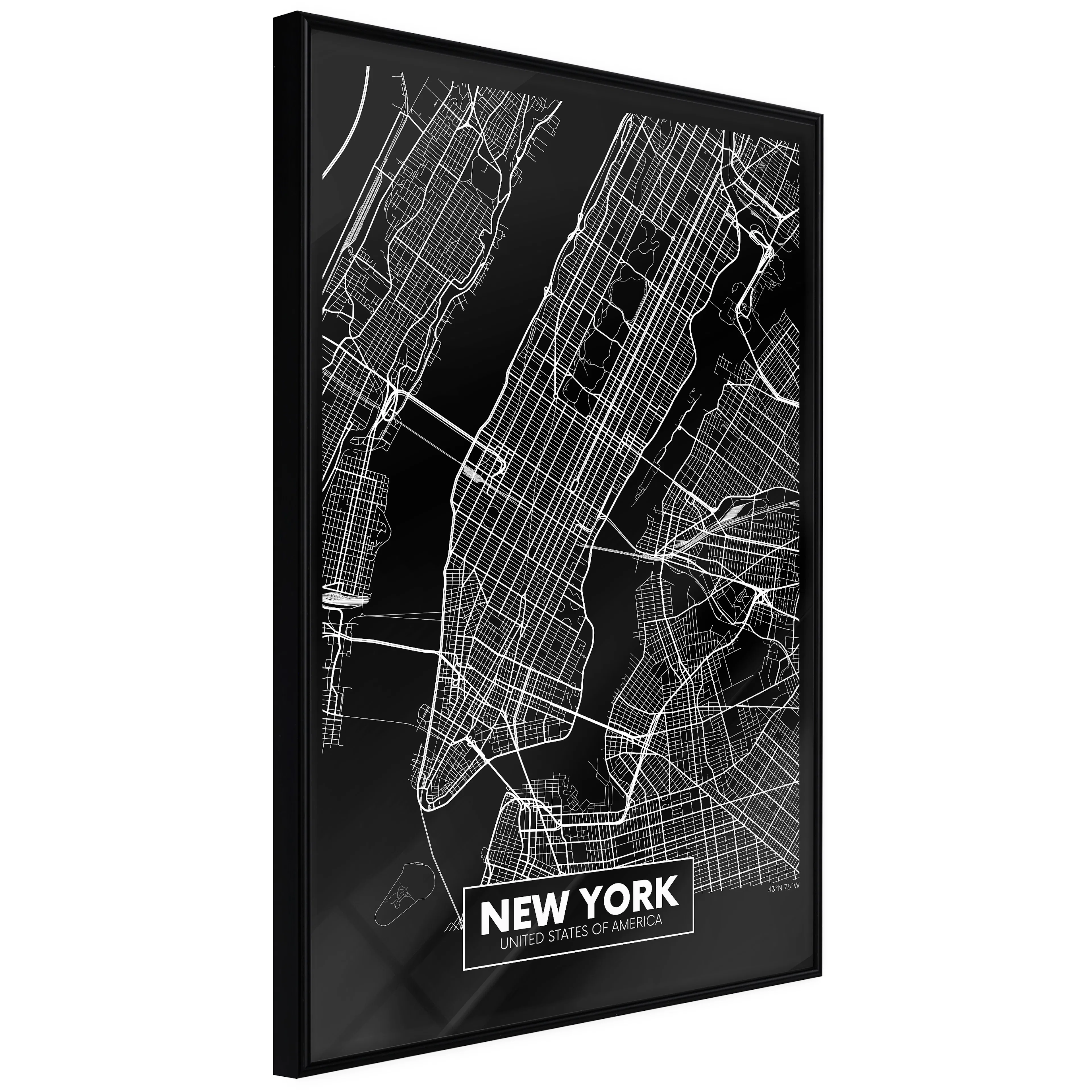 Affisch - Negative Map: New York [Poster] 40x60 Svart ram, 40x60 cm